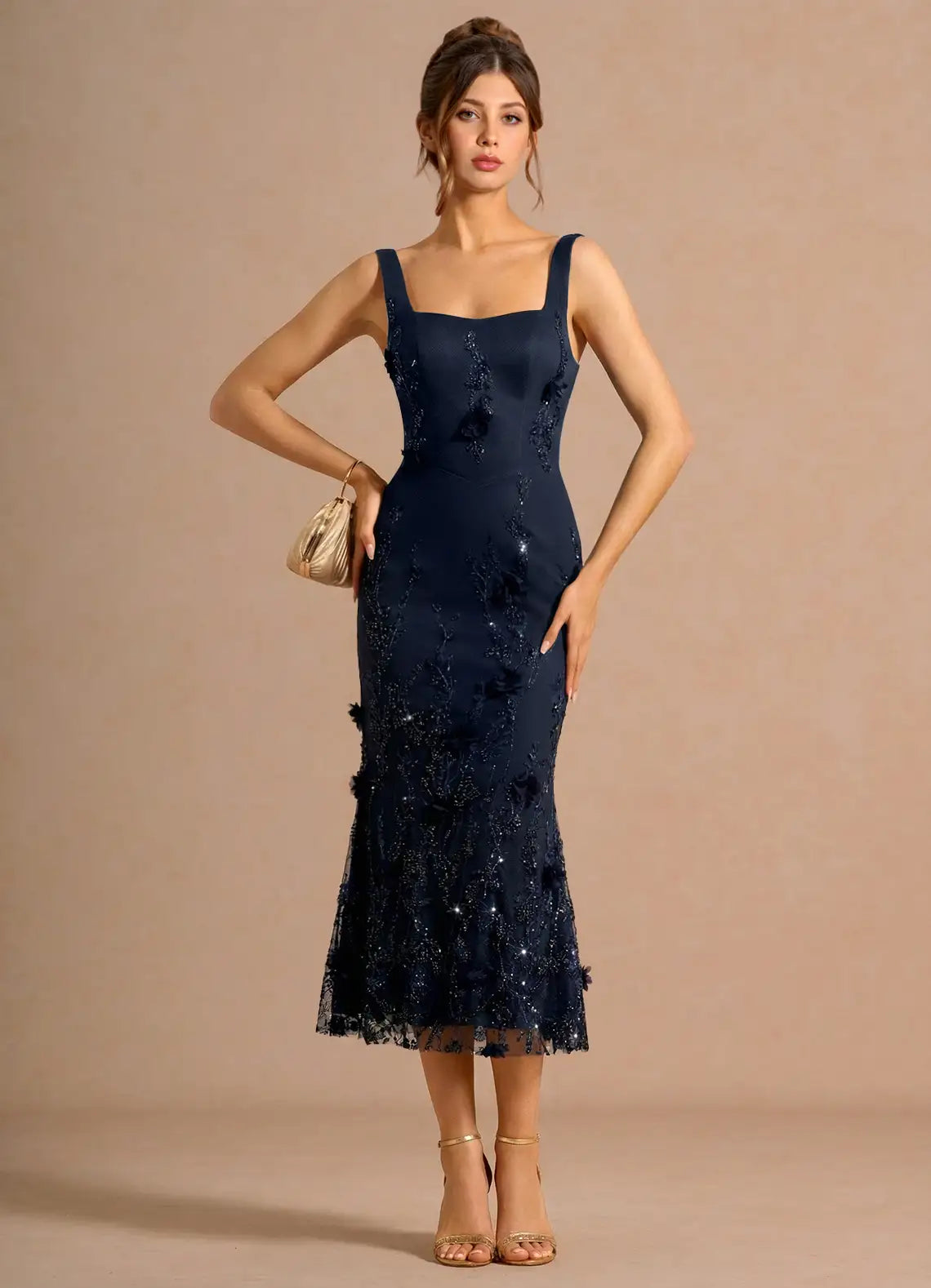 Navy Wide Strap Square Neck 3D Floral Sequin Lace Midi Wedding Guest Dress