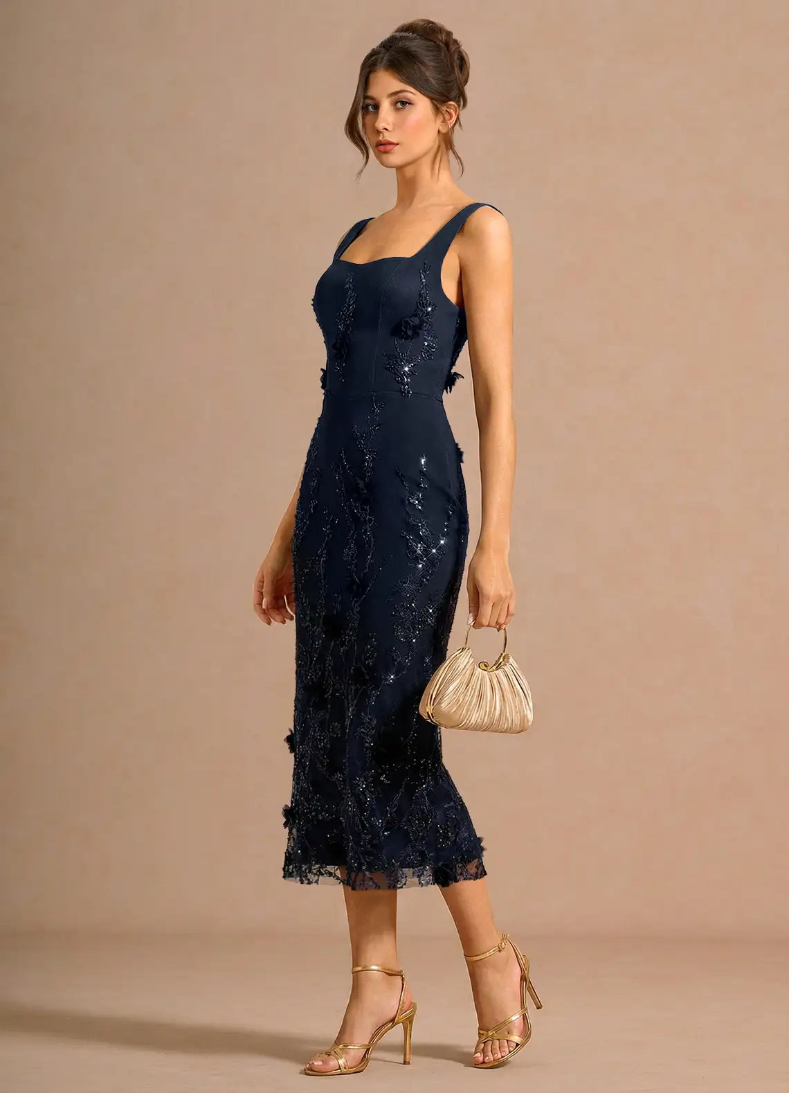 Navy Wide Strap Square Neck 3D Floral Sequin Lace Midi Wedding Guest Dress