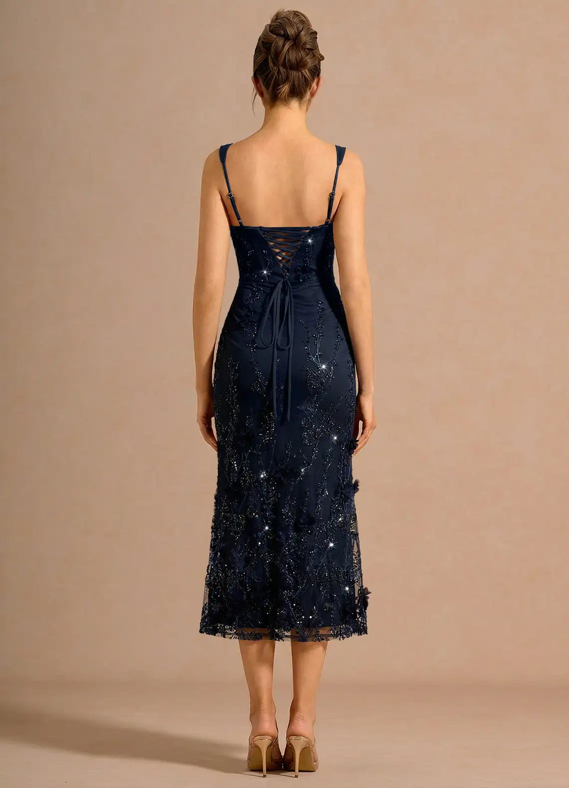 Navy Wide Strap Square Neck 3D Floral Sequin Lace Midi Wedding Guest Dress