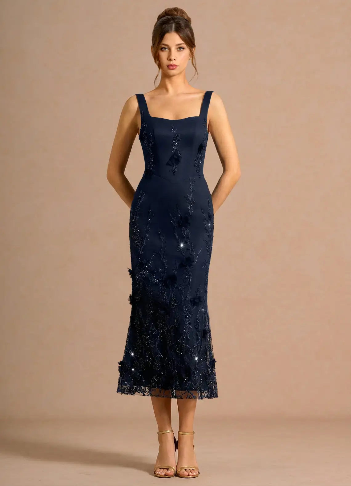 Navy Wide Strap Square Neck 3D Floral Sequin Lace Midi Wedding Guest Dress