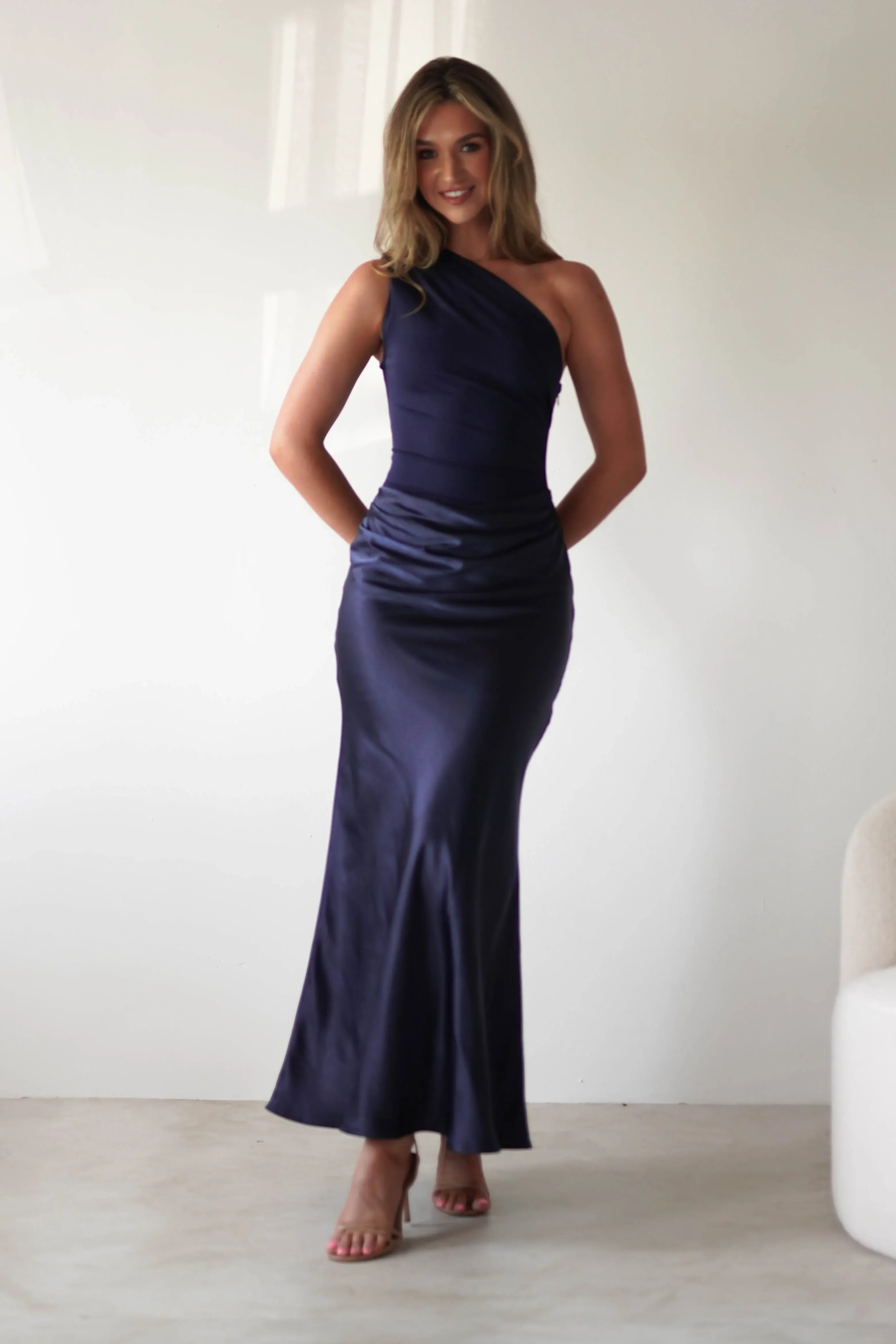 Navy Blue One-Shoulder Satin Midi Bridesmaid Dress with Ruched Waist