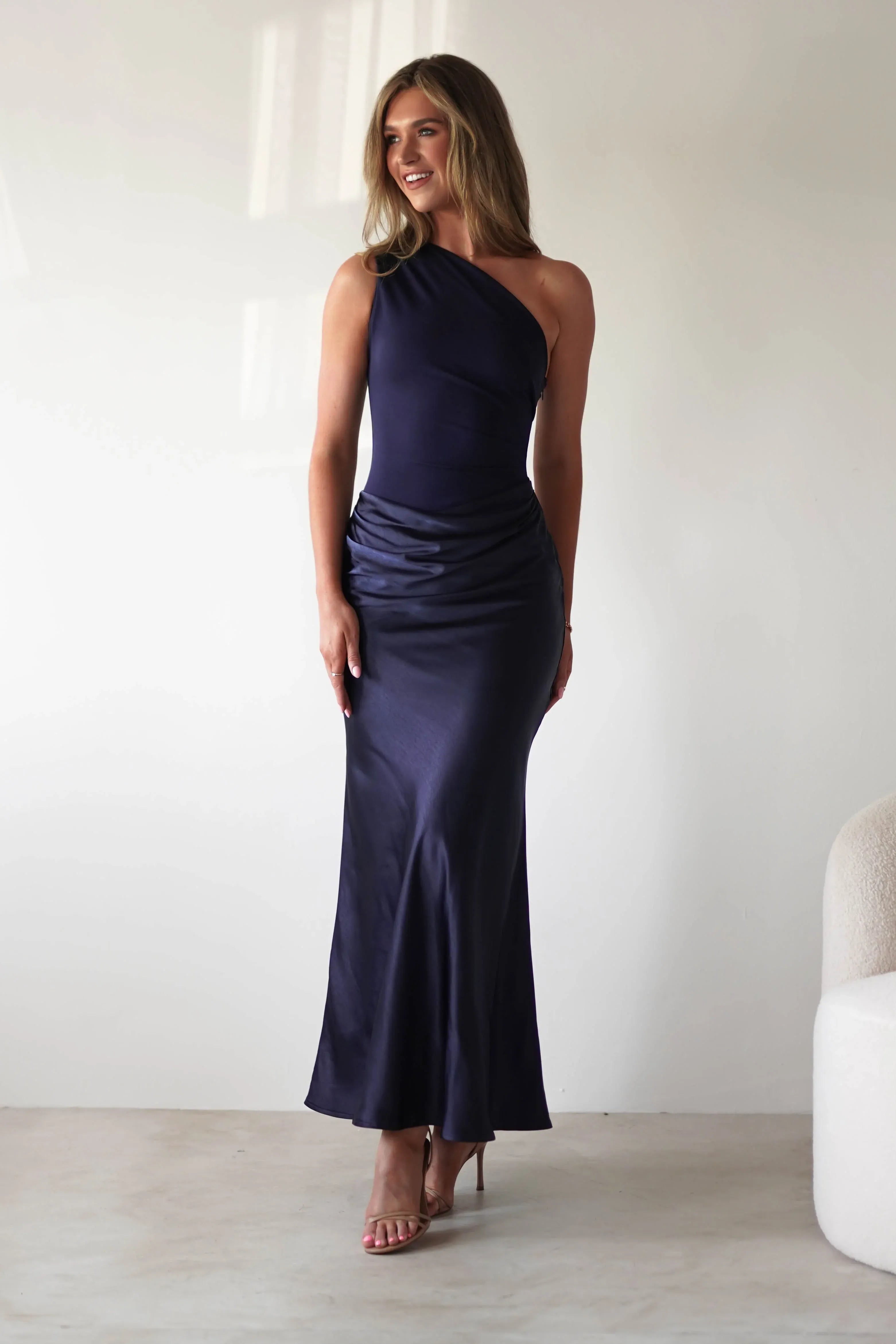Navy Blue One-Shoulder Satin Midi Bridesmaid Dress with Ruched Waist