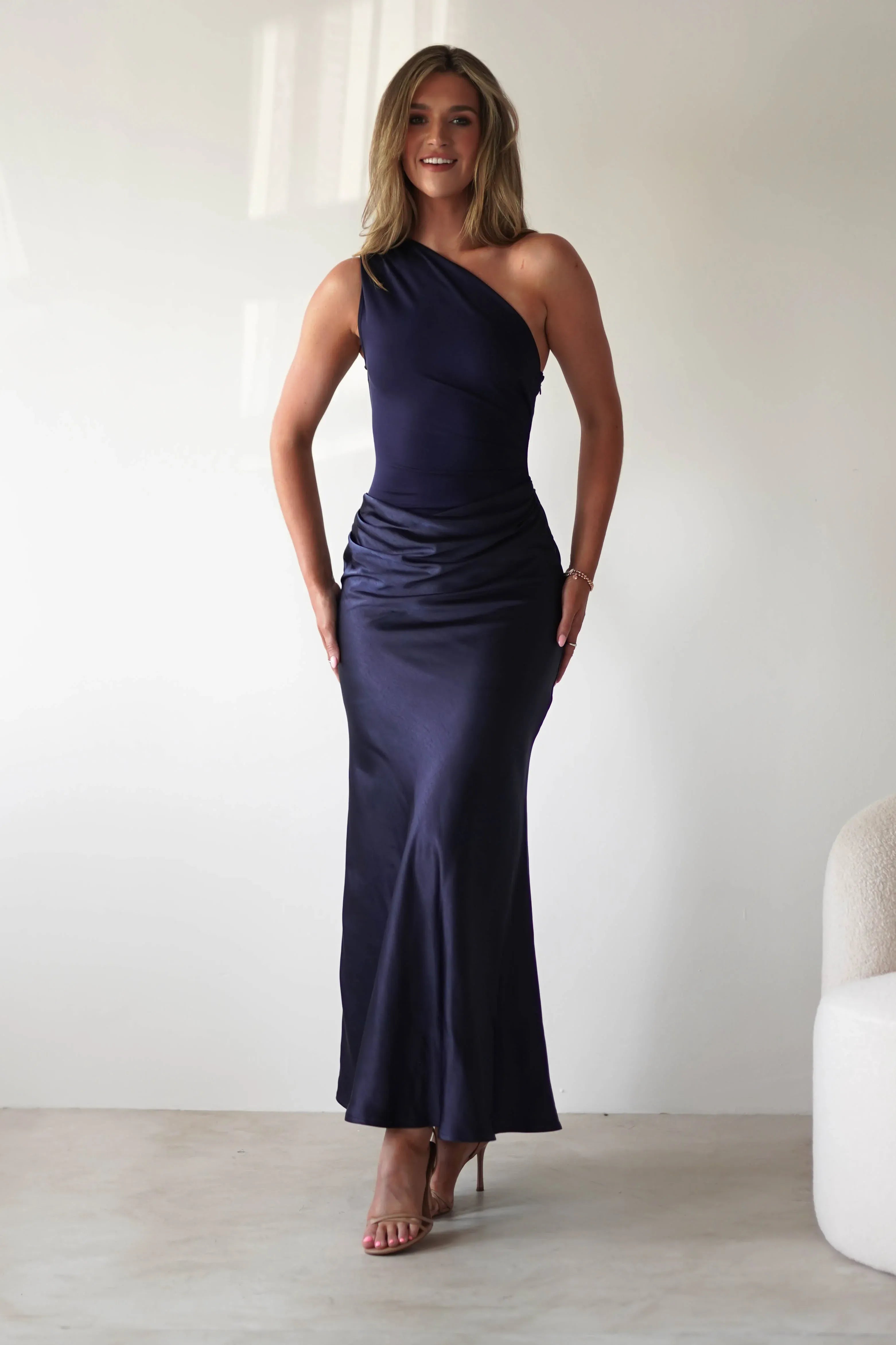 Navy Blue One-Shoulder Satin Midi Bridesmaid Dress with Ruched Waist