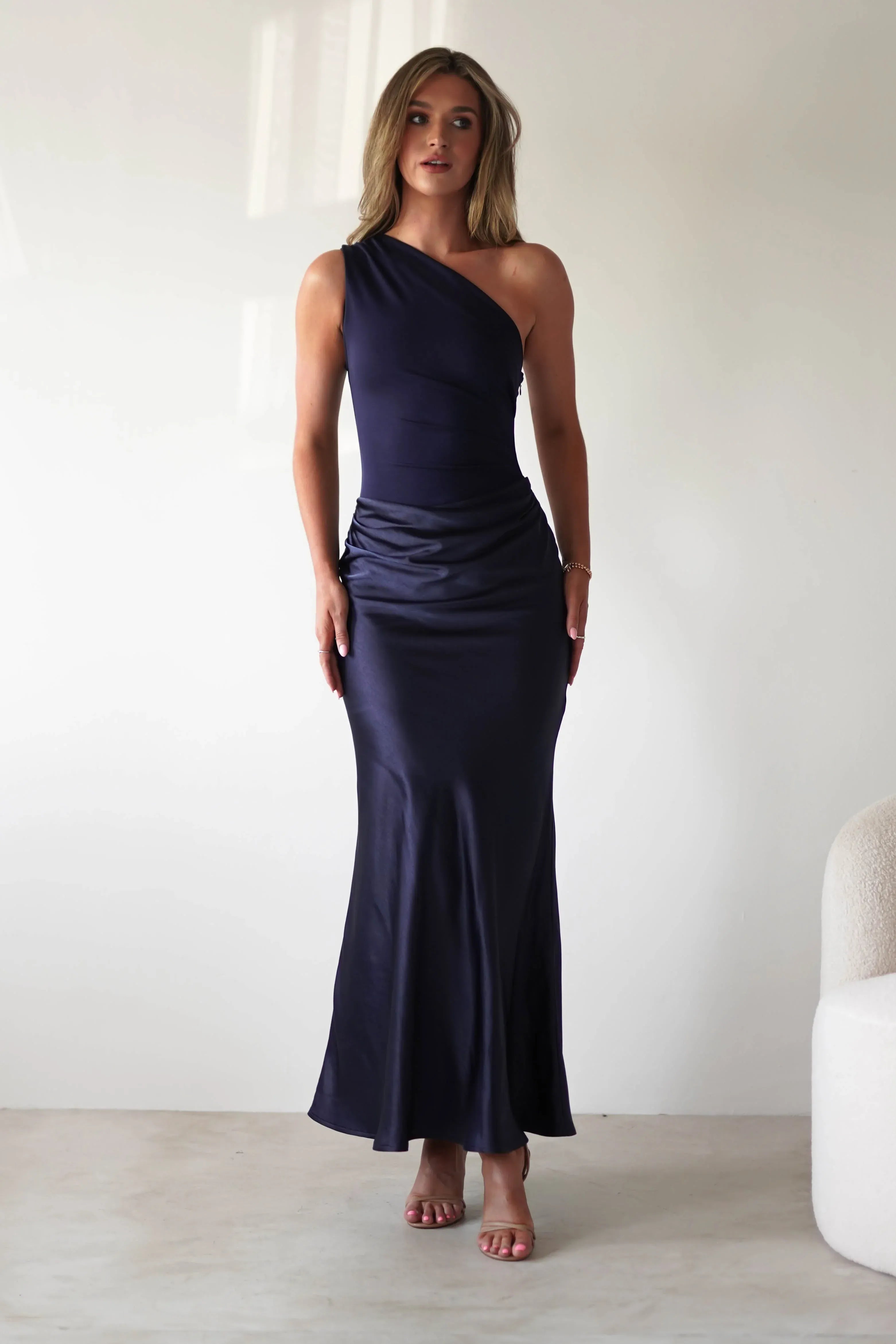 Navy Blue One-Shoulder Satin Midi Bridesmaid Dress with Ruched Waist