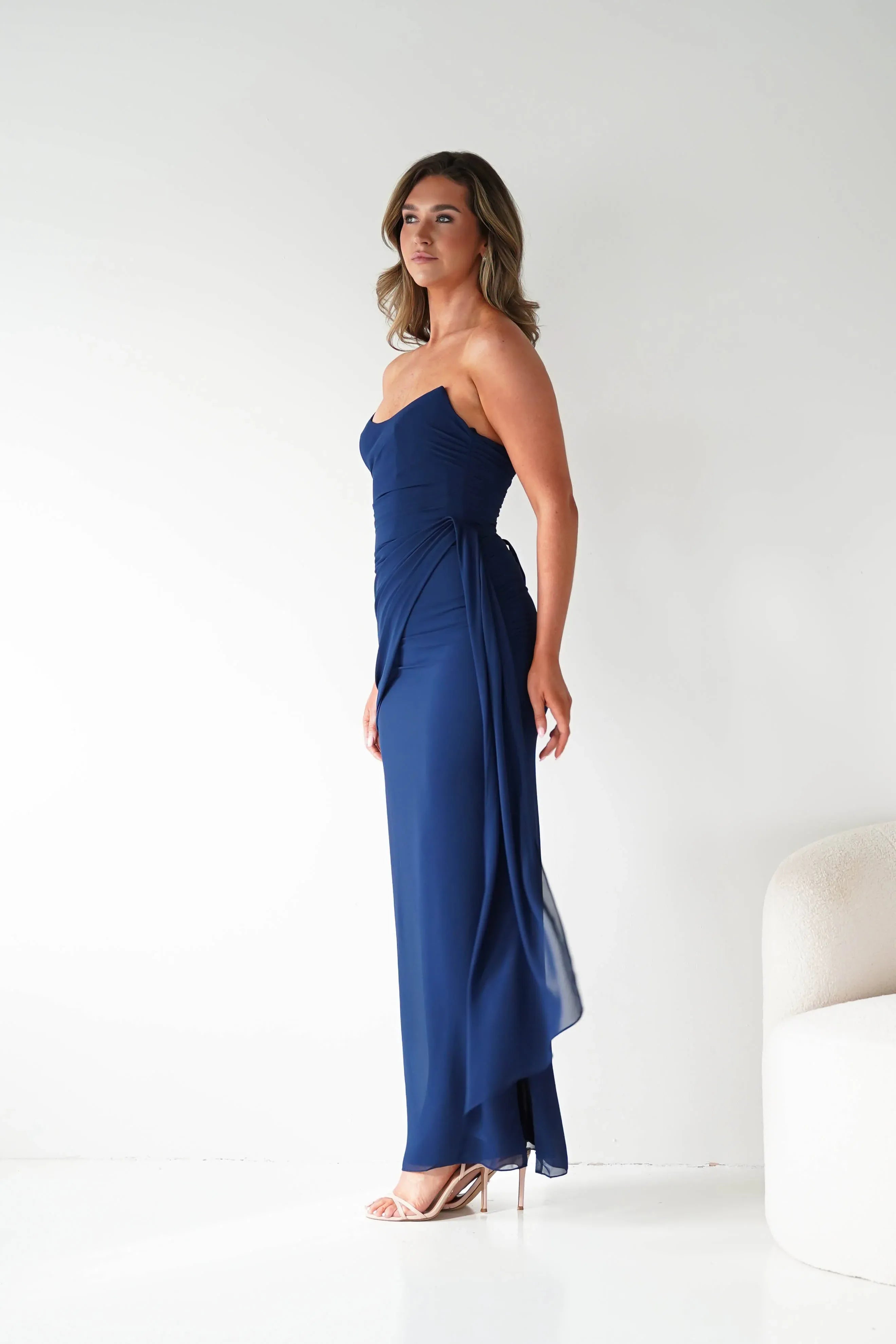 Navy Blue Strapless Chiffon Bridesmaid Dress with Lace-Up Back and Side Drape