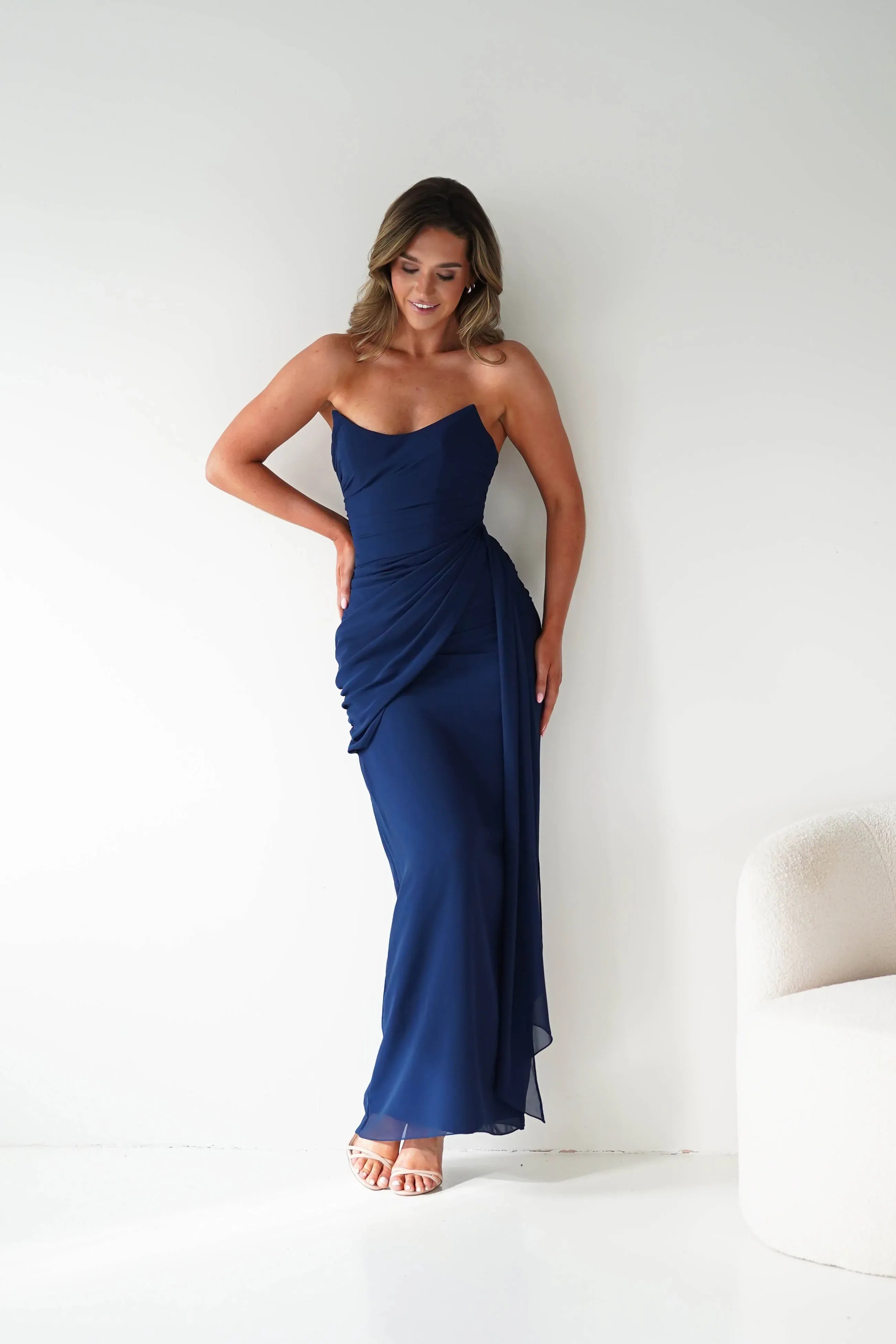 Navy Blue Strapless Chiffon Bridesmaid Dress with Lace-Up Back and Side Drape