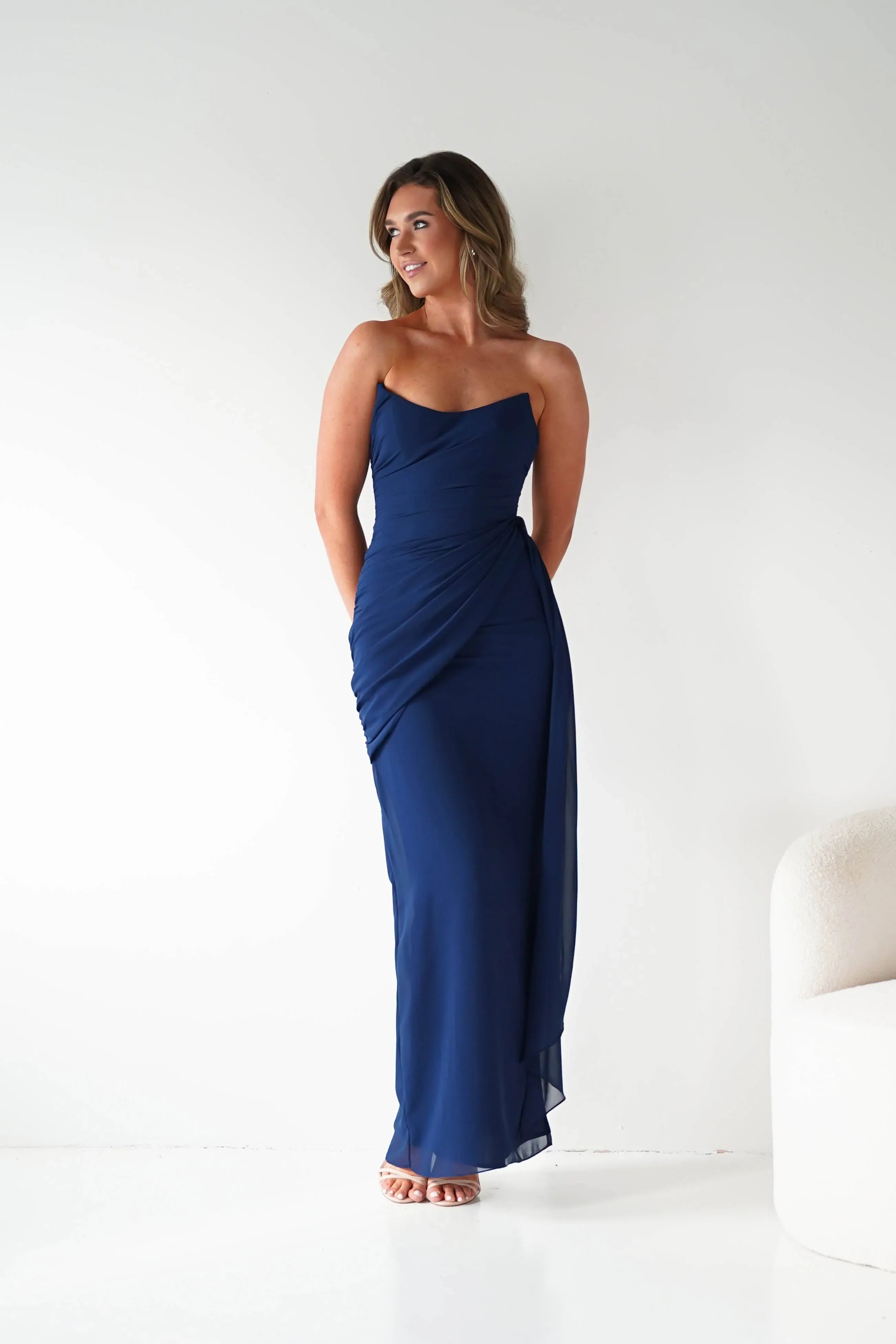 Navy Blue Strapless Chiffon Bridesmaid Dress with Lace-Up Back and Side Drape