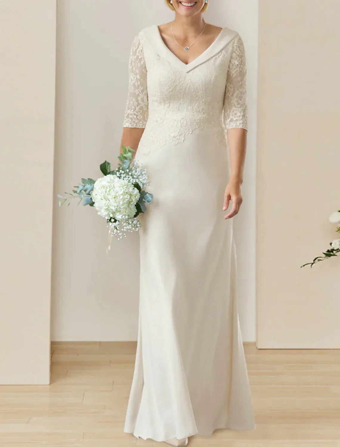 Notched‑V Three‑Quarter‑Sleeve Lace Crepe Mermaid Wedding Dress