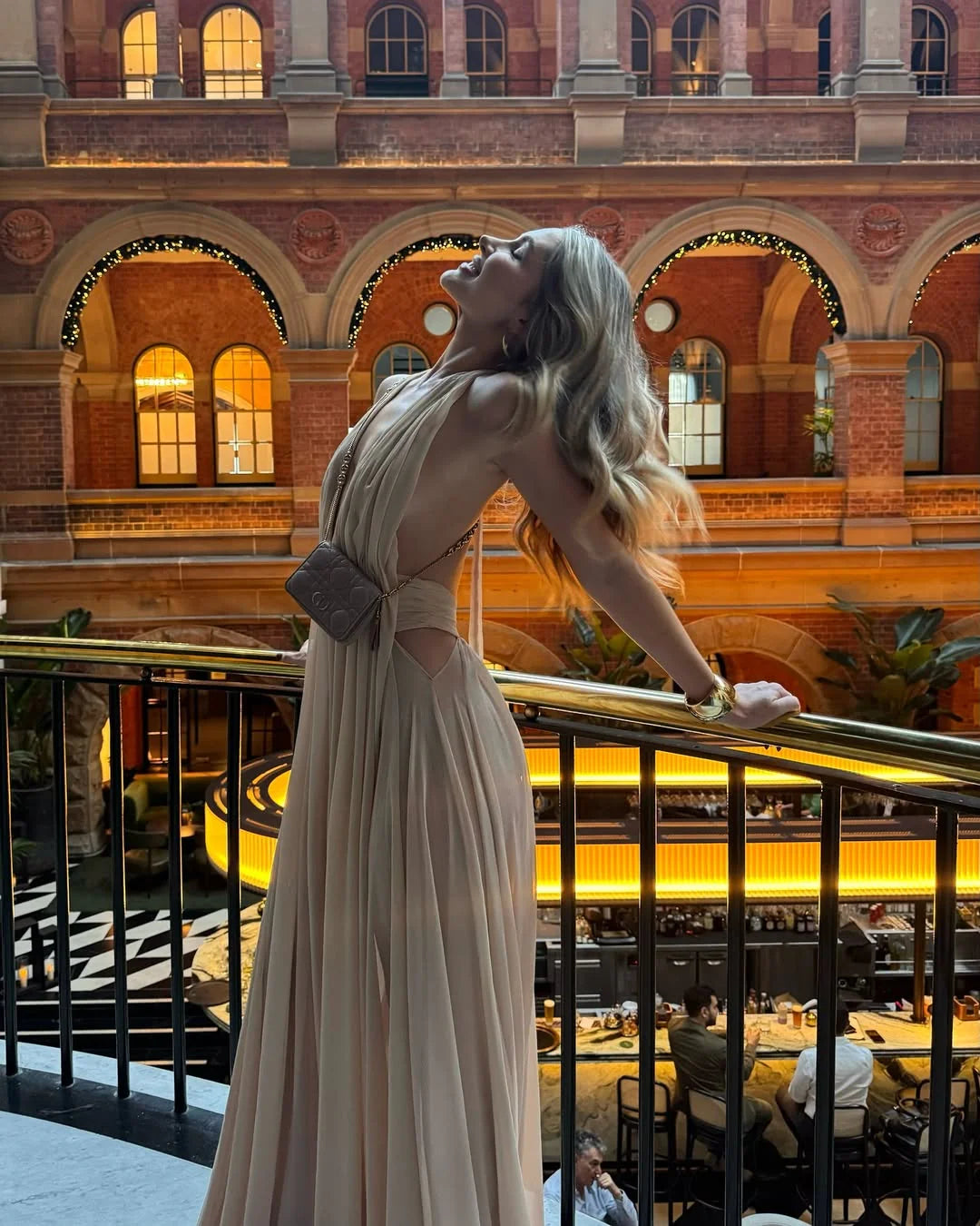 Nude Floor-Length Halter-Neck Deep-V Open-Back Flowy Chiffon Wedding Guest Dress