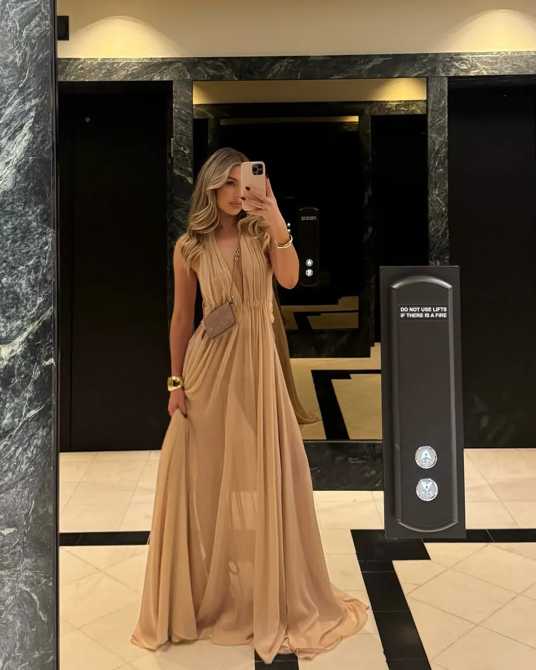 Nude Floor-Length Halter-Neck Deep-V Open-Back Flowy Chiffon Wedding Guest Dress