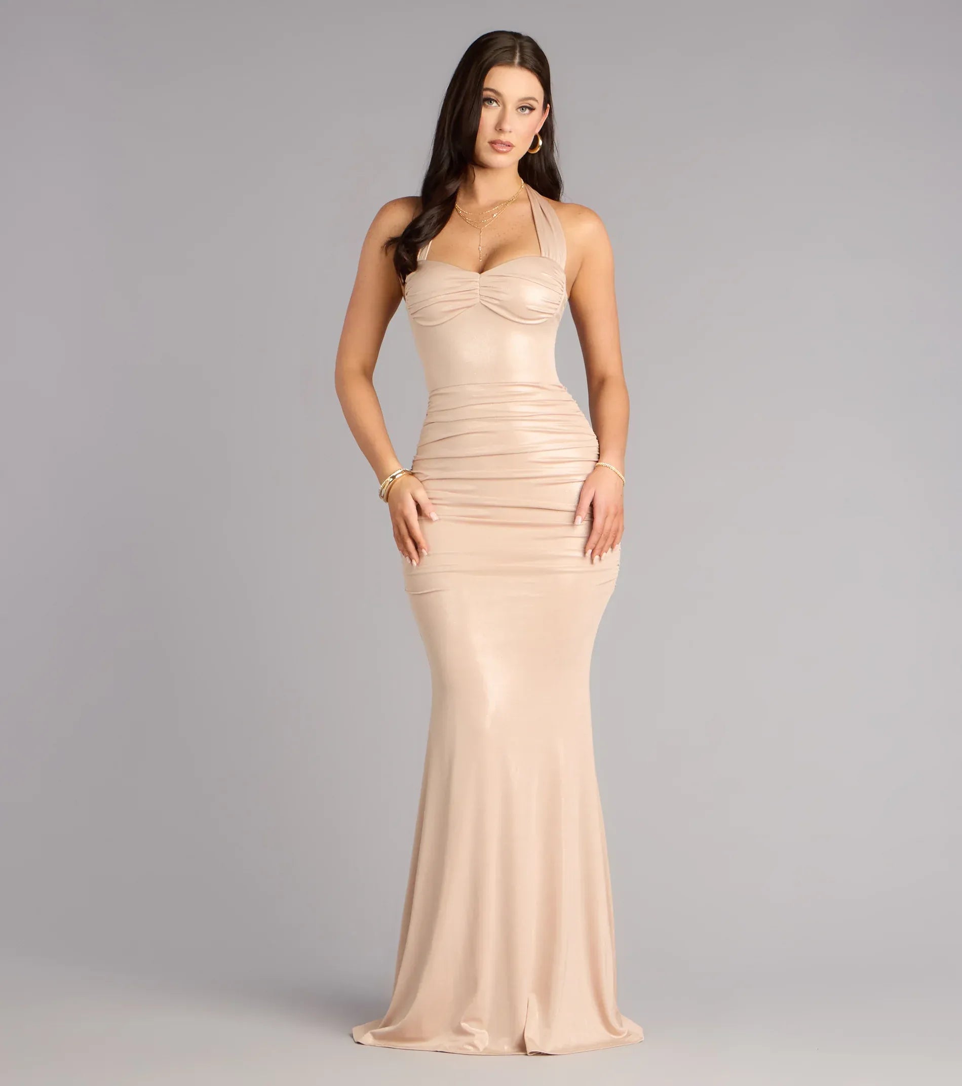 Nude Halter Sweetheart Ruched Waist Tie Back Satin Mermaid Maxi Bridesmaid Dresses