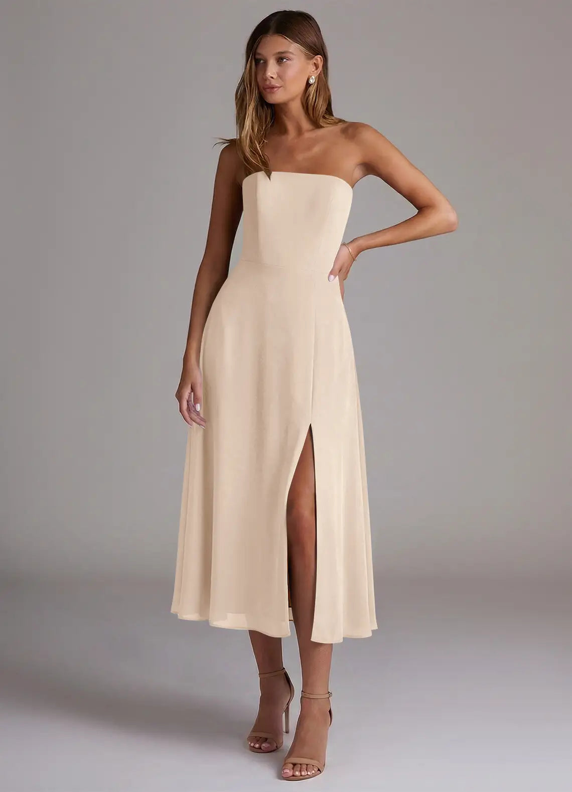 Nude Strapless Straight Neck High Slit Midi Chiffon Bridesmaid Dress