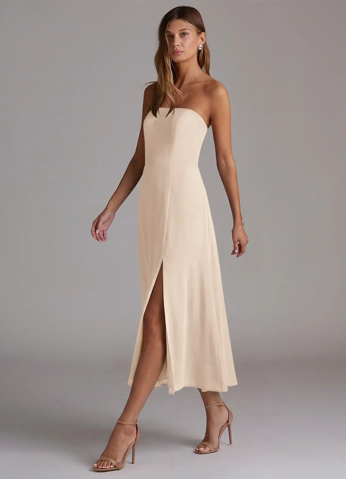 Nude Strapless Straight Neck High Slit Midi Chiffon Bridesmaid Dress
