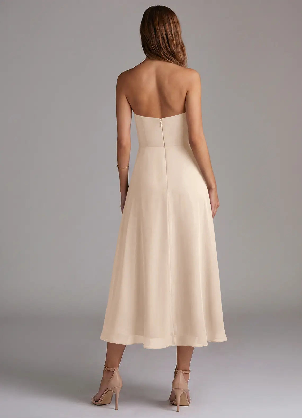 Nude Strapless Straight Neck High Slit Midi Chiffon Bridesmaid Dress