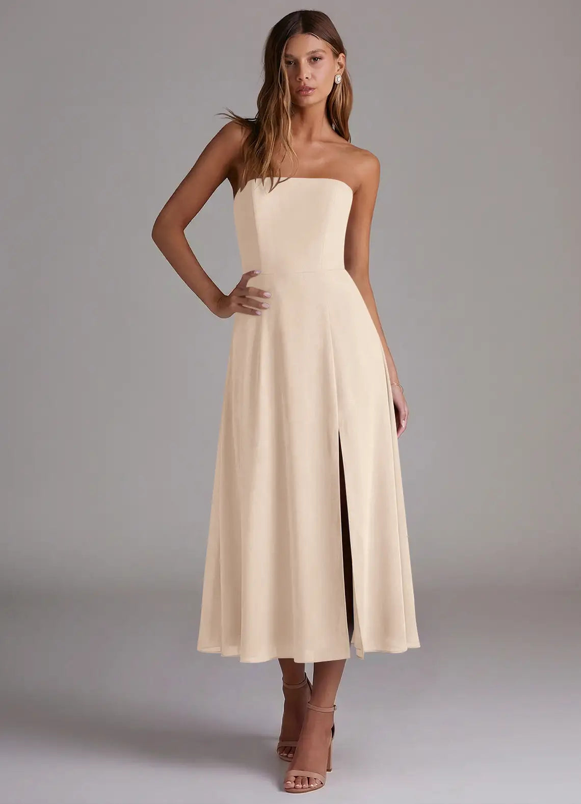 Nude Strapless Straight Neck High Slit Midi Chiffon Bridesmaid Dress