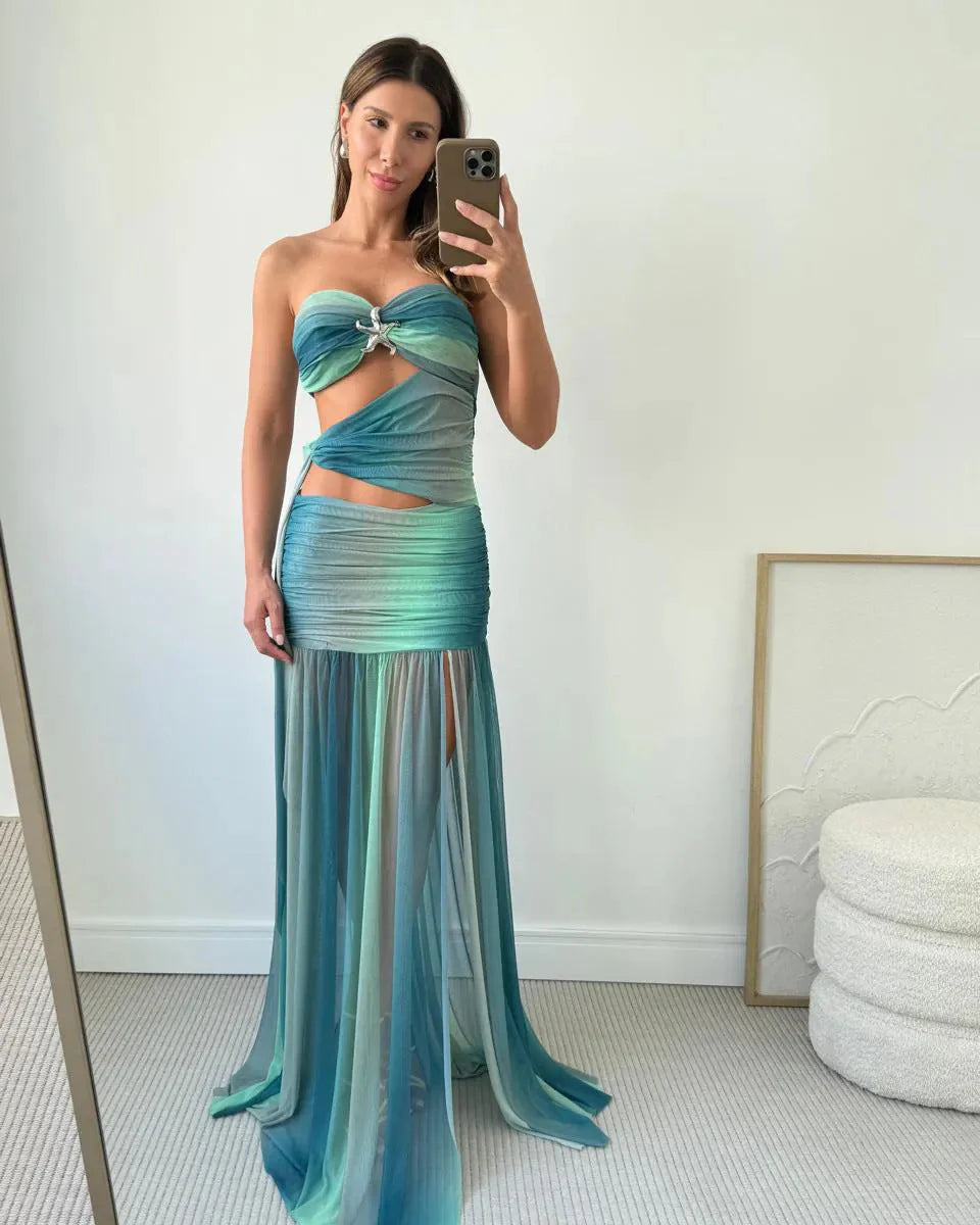 Ocean-Inspired Floor-Length Strapless Cutout Gradient Mesh Wedding Guest Dress