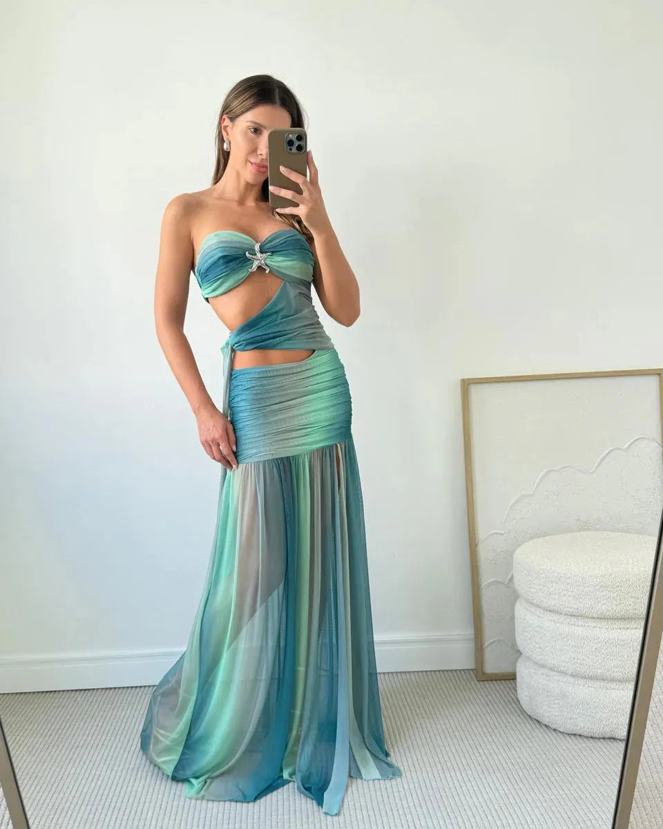 Ocean-Inspired Floor-Length Strapless Cutout Gradient Mesh Wedding Guest Dress