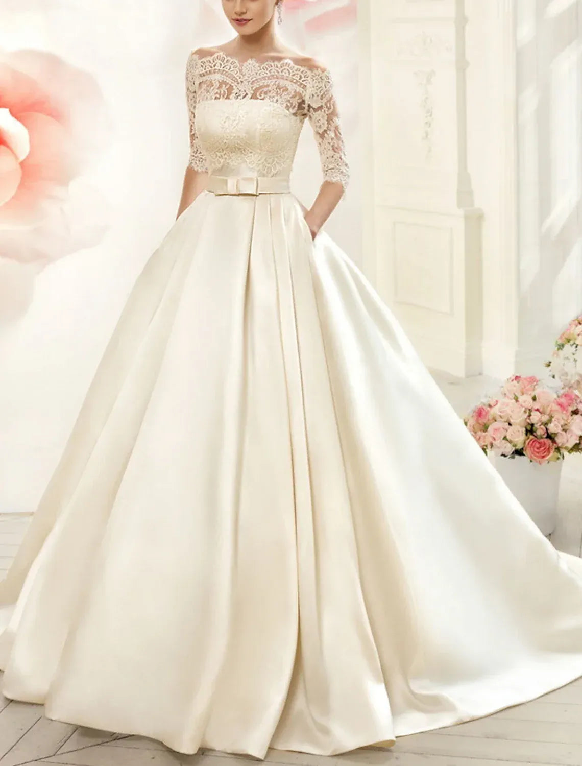 Off Shoulder 3/4 Lace Sleeve Satin Ball Gown Wedding Dress Bow Sash Pockets Pearl Chapel Train