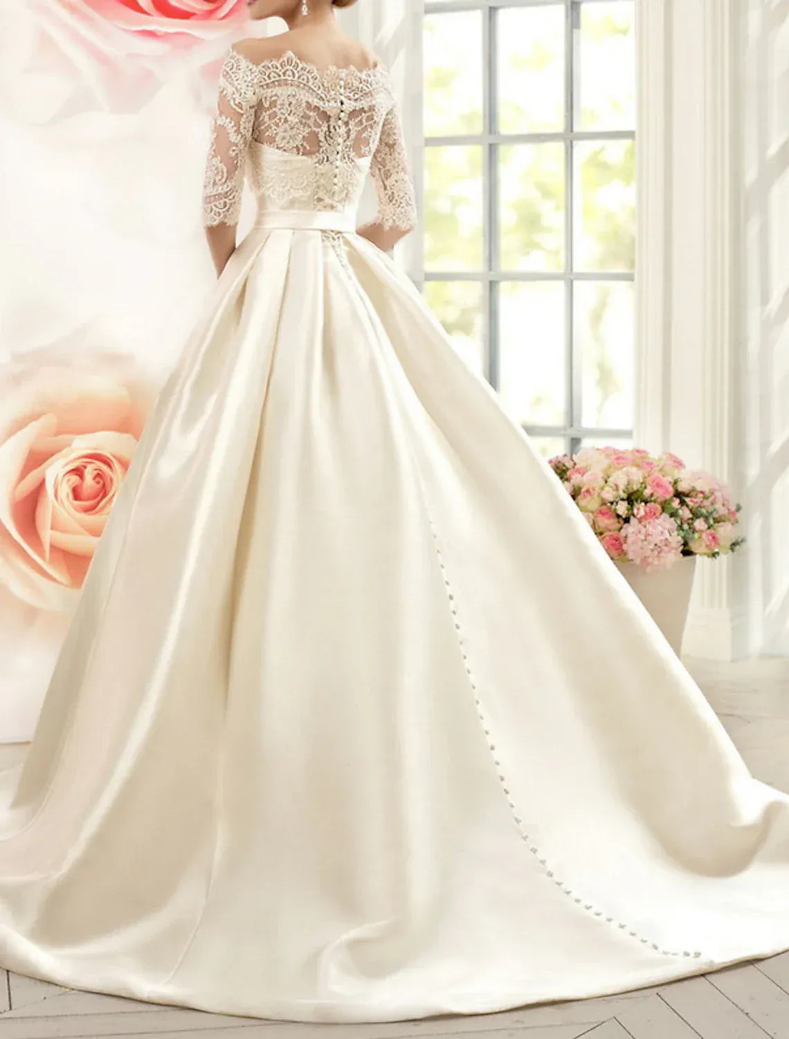Off Shoulder 3/4 Lace Sleeve Satin Ball Gown Wedding Dress Bow Sash Pockets Pearl Chapel Train