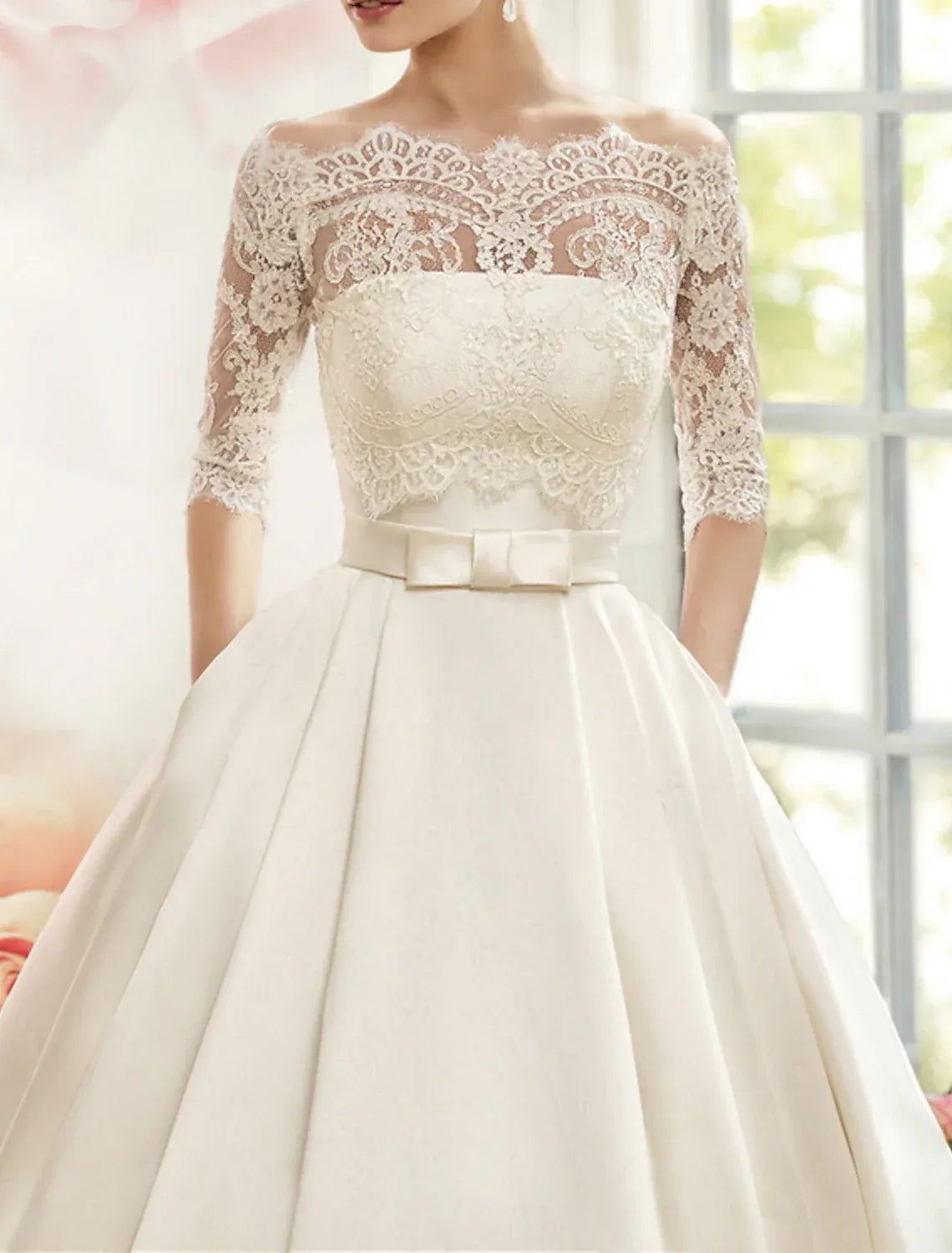 Off Shoulder 3/4 Lace Sleeve Satin Ball Gown Wedding Dress Bow Sash Pockets Pearl Chapel Train