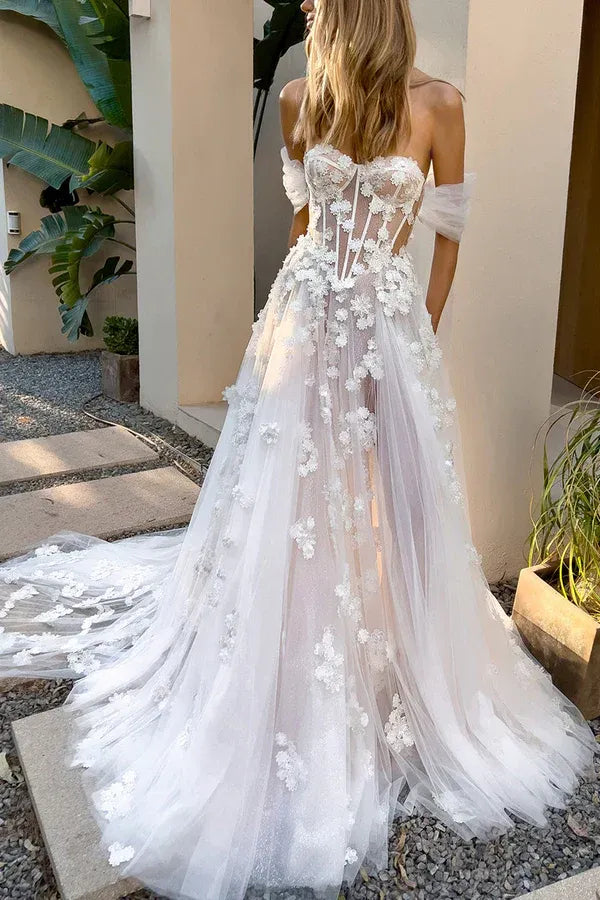 Off‑Shoulder 3D‑Floral Lace Corset Tulle A‑Line Wedding Dress With High Slit