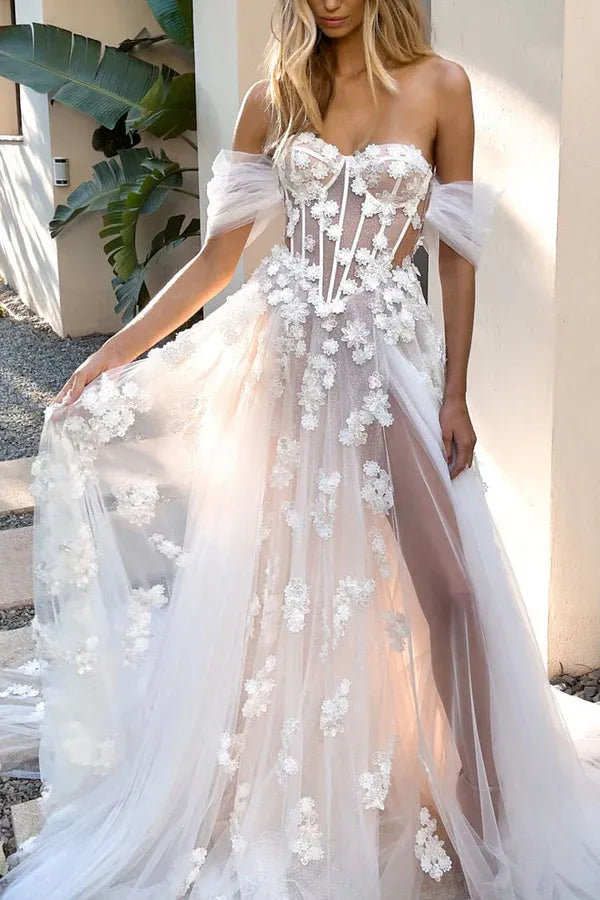Off‑Shoulder 3D‑Floral Lace Corset Tulle A‑Line Wedding Dress With High Slit