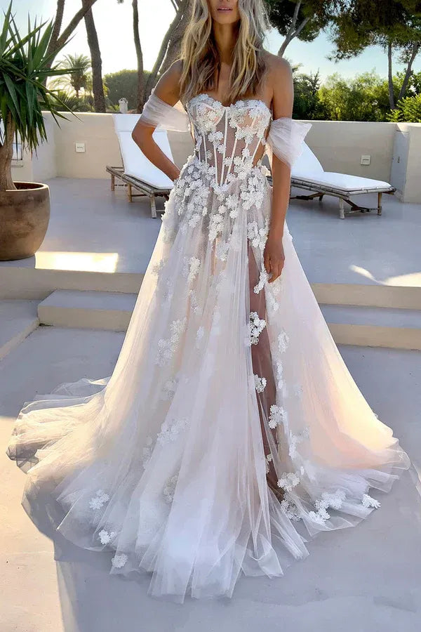 Off‑Shoulder 3D‑Floral Lace Corset Tulle A‑Line Wedding Dress With High Slit