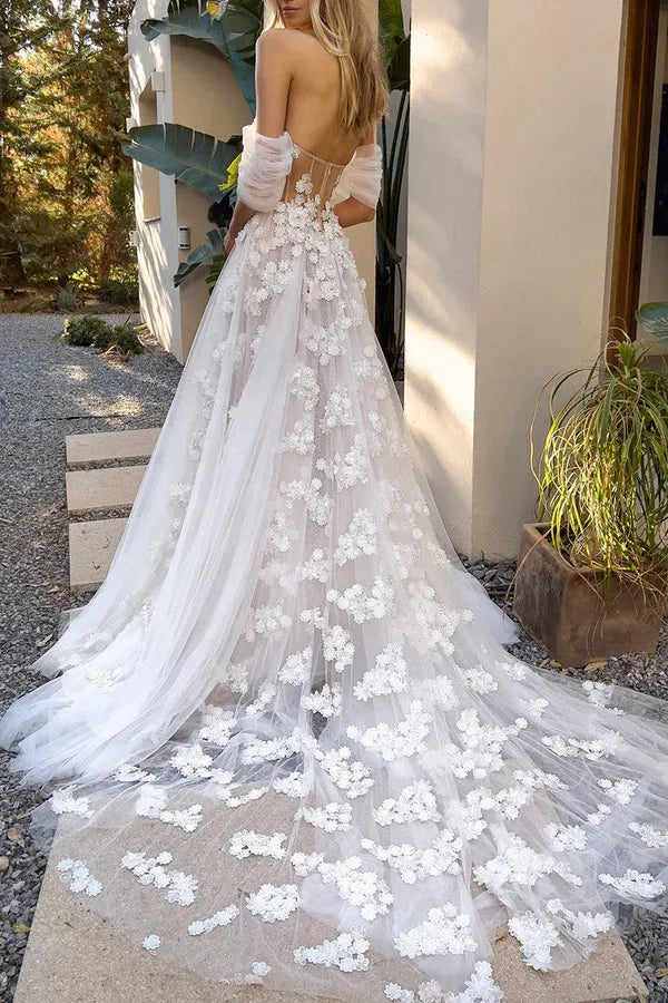 Off‑Shoulder 3D‑Floral Lace Corset Tulle A‑Line Wedding Dress With High Slit