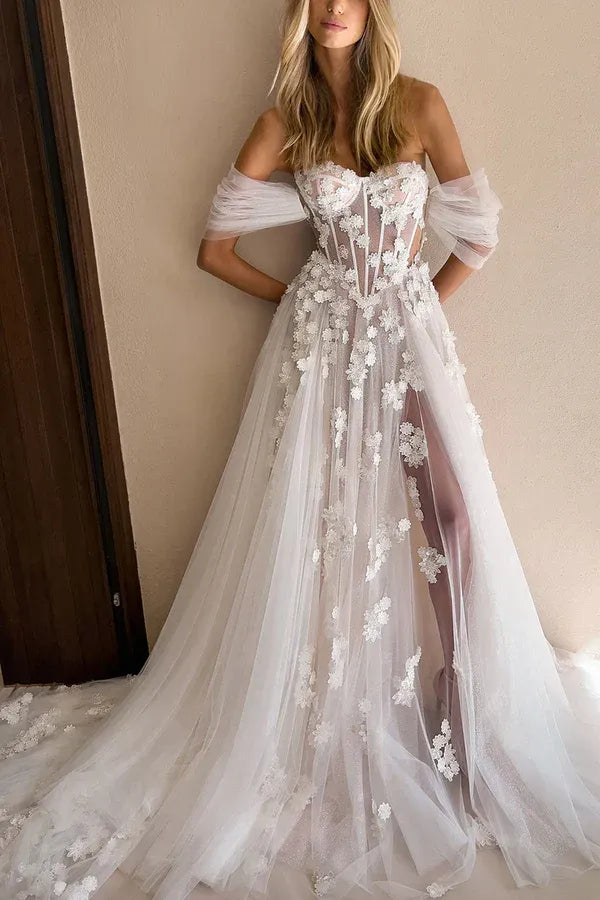 Off‑Shoulder 3D‑Floral Lace Corset Tulle A‑Line Wedding Dress With High Slit