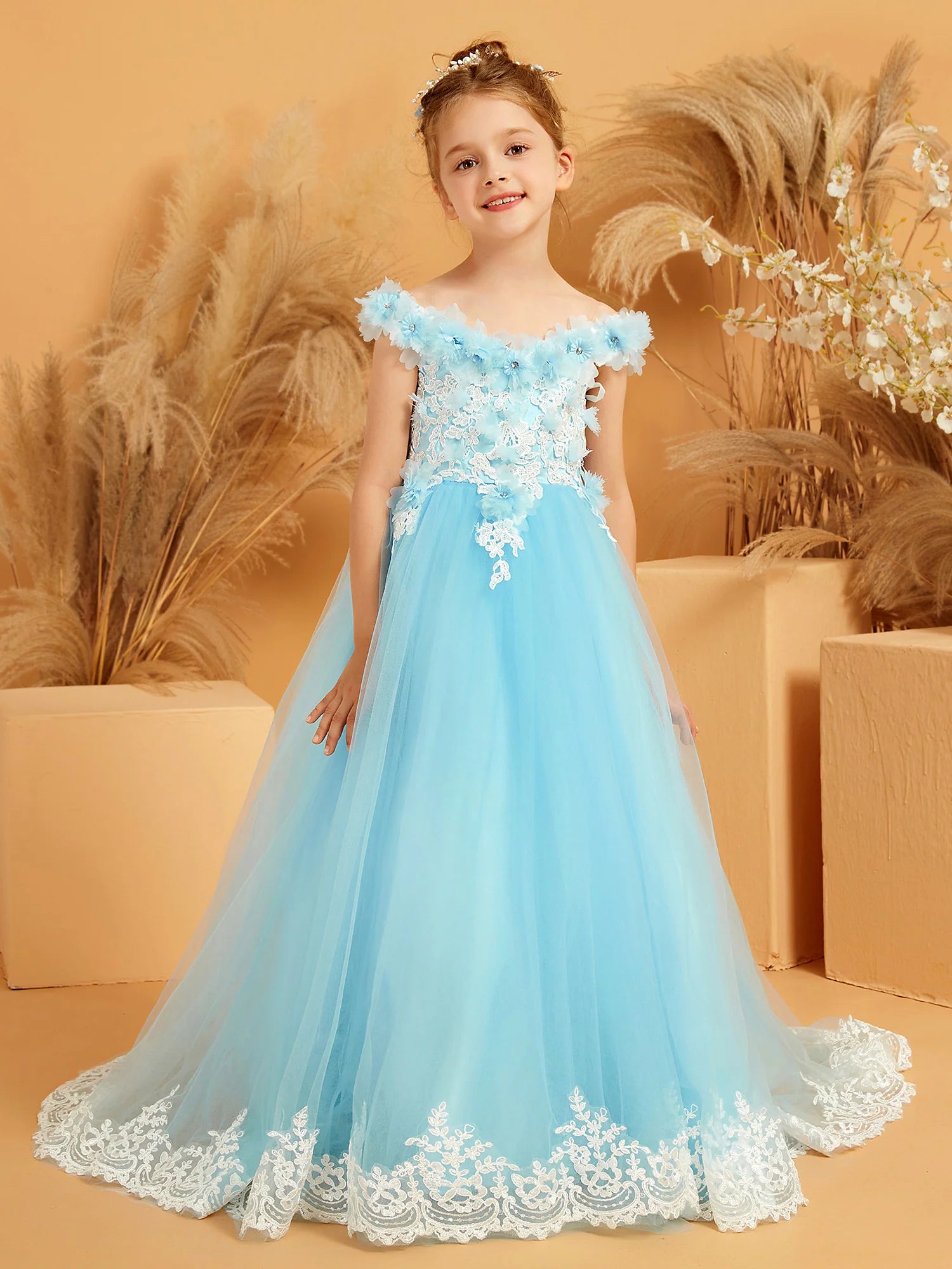 Off Shoulder 3D Floral Lace Train Sky Blue Tulle Floor Length Flower Girl Dresses