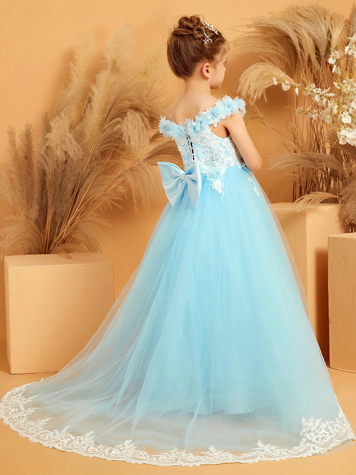 Off Shoulder 3D Floral Lace Train Sky Blue Tulle Floor Length Flower Girl Dresses
