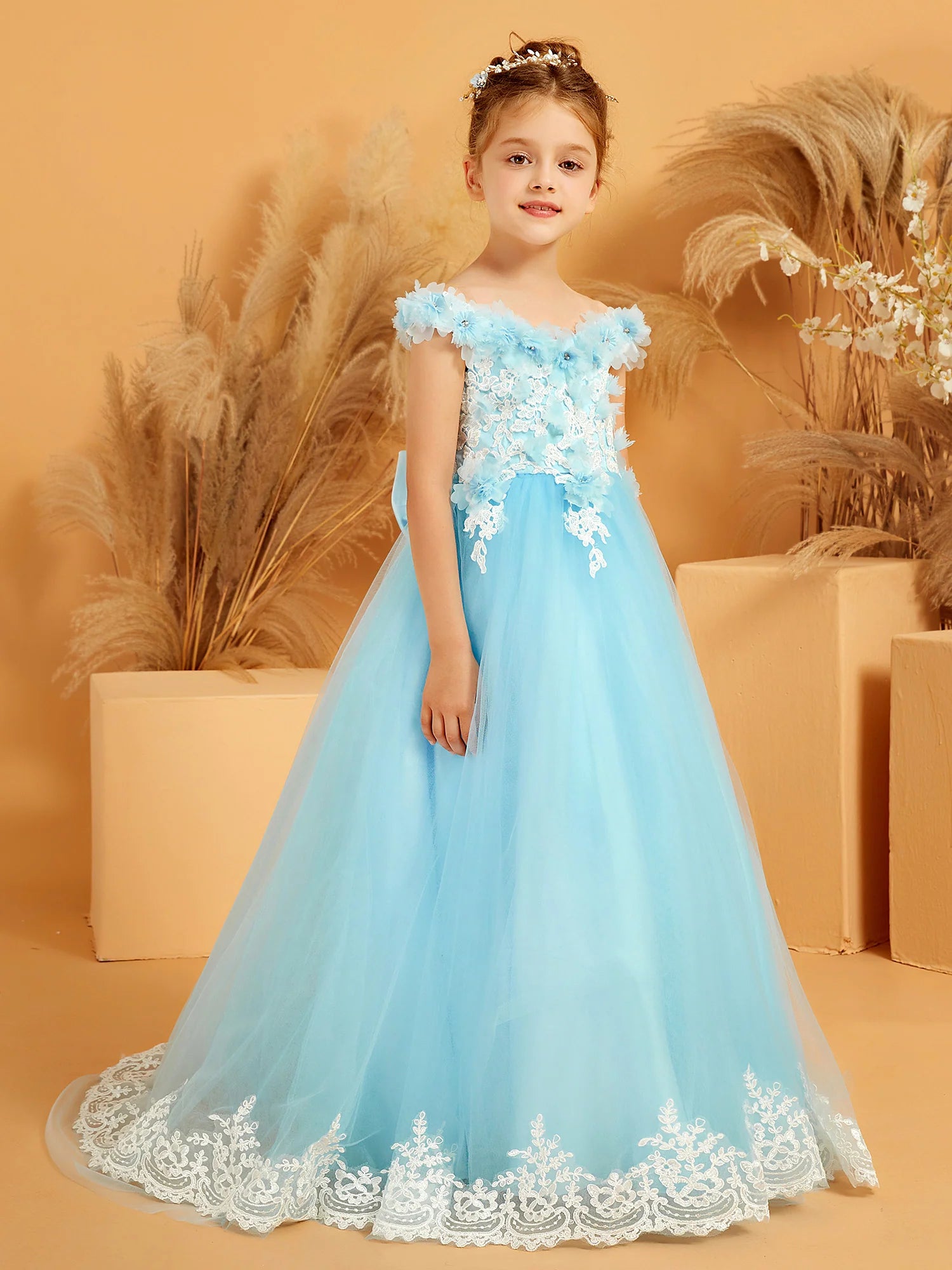 Off Shoulder 3D Floral Lace Train Sky Blue Tulle Floor Length Flower Girl Dresses