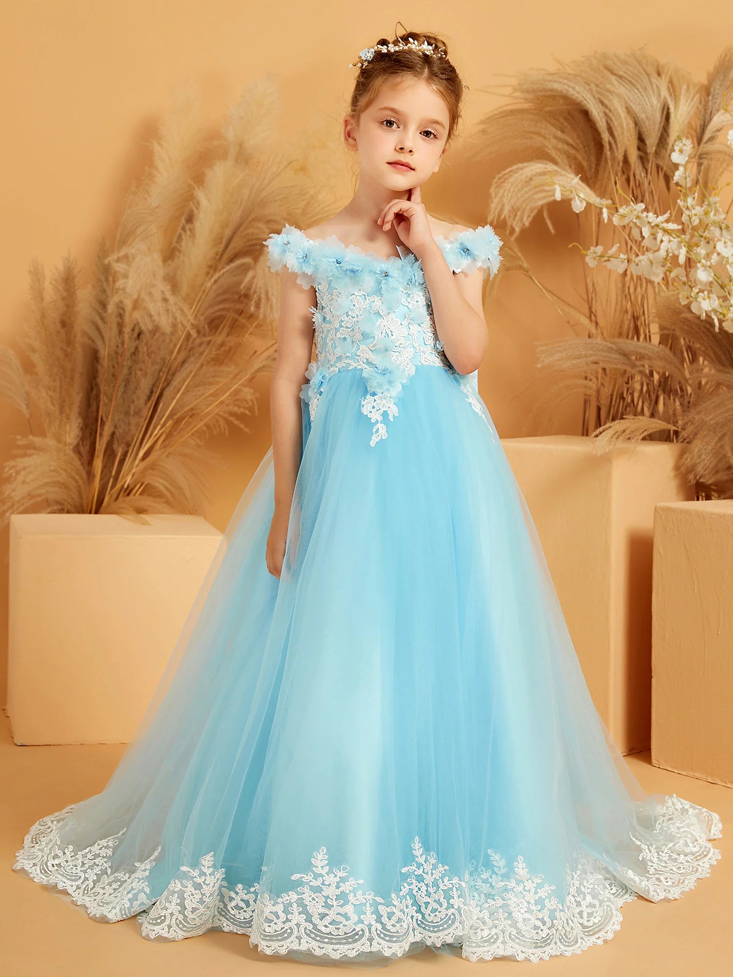 Off Shoulder 3D Floral Lace Train Sky Blue Tulle Floor Length Flower Girl Dresses