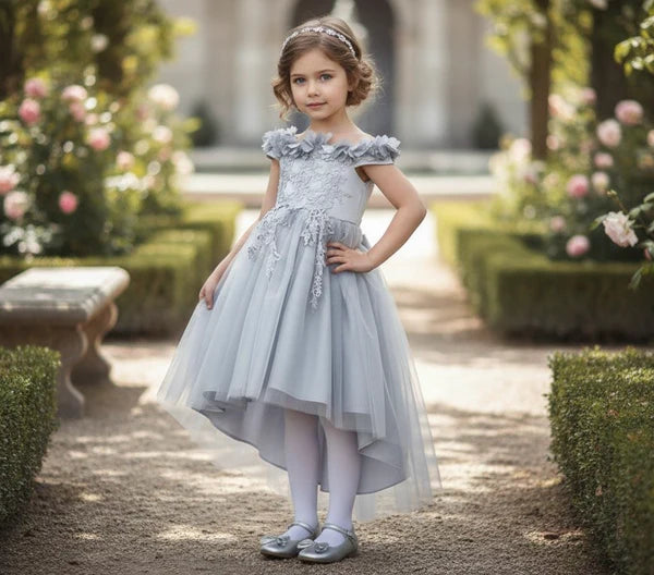 Off Shoulder 3D Floral Ruffle Dusty Blue Lace Hi-Low Tulle Flower Girl Dresses