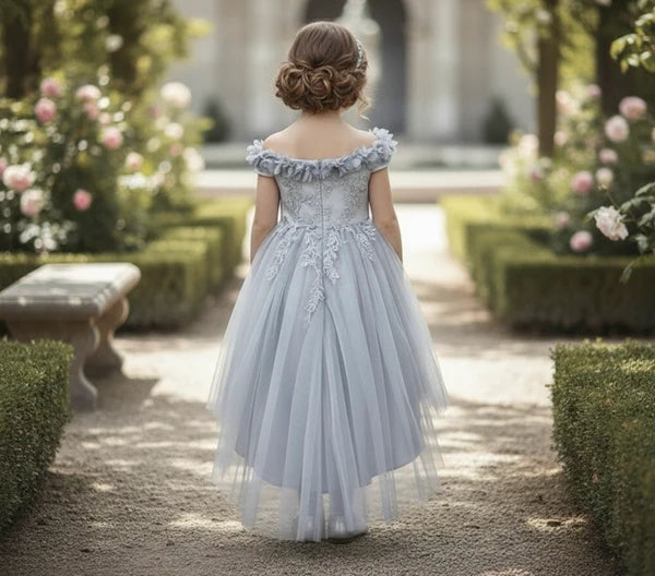 Off Shoulder 3D Floral Ruffle Dusty Blue Lace Hi-Low Tulle Flower Girl Dresses
