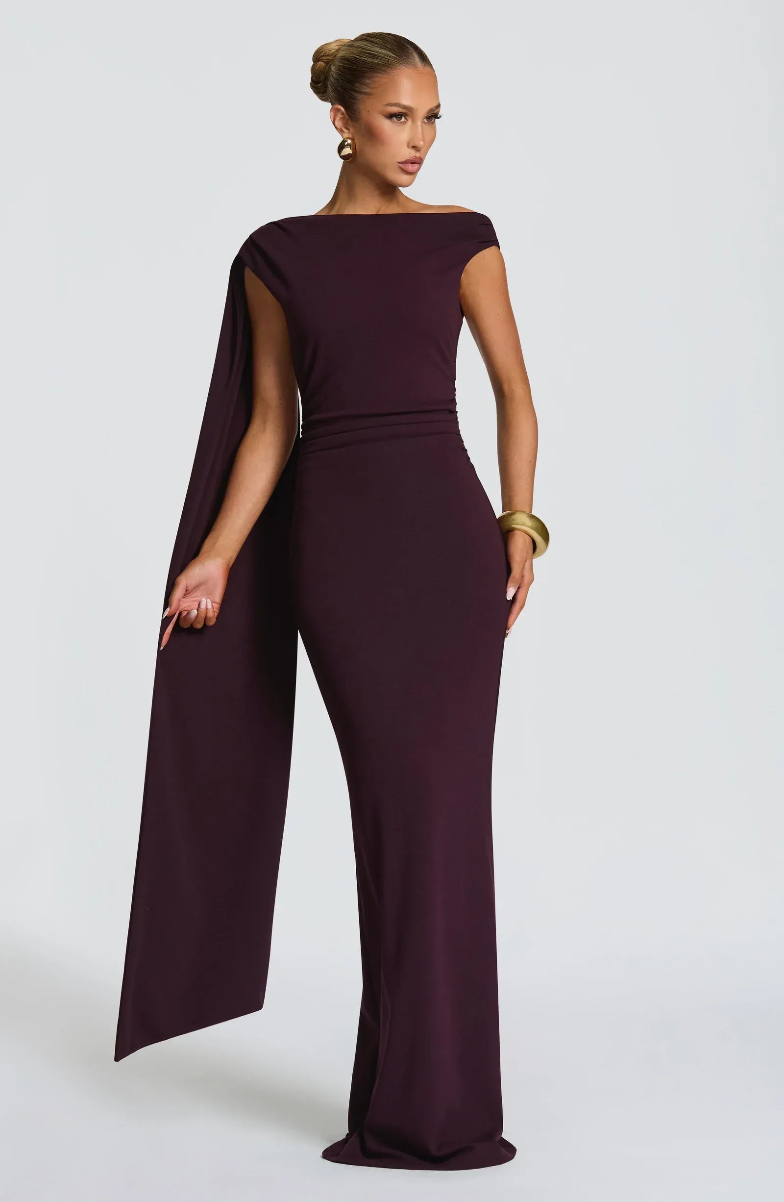 Off Shoulder Asymmetrical Sash Train Waist Ruched Dark Purple Crepe Mermaid Maxi Wedding Guest Dresses
