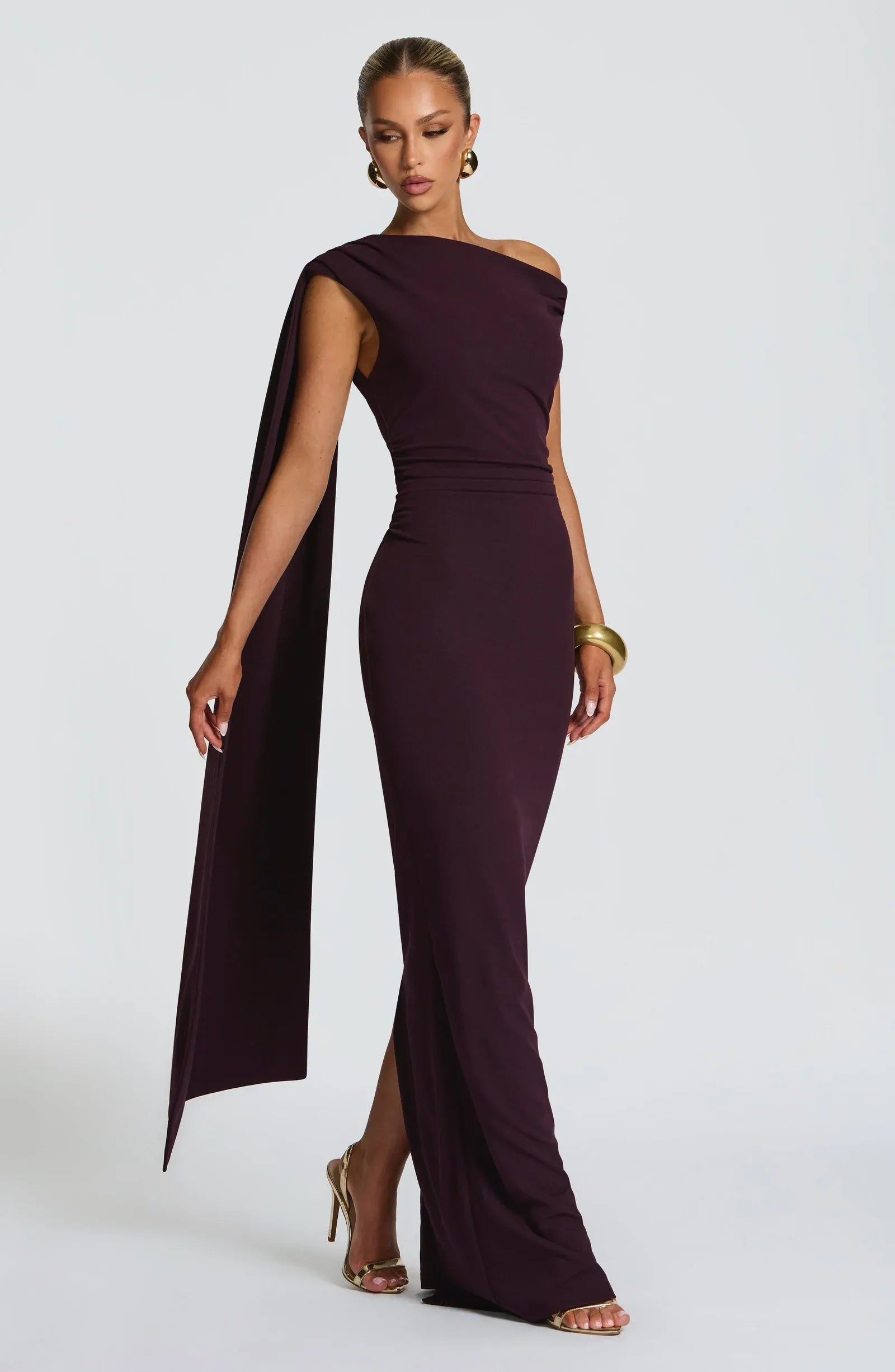 Off Shoulder Asymmetrical Sash Train Waist Ruched Dark Purple Crepe Mermaid Maxi Wedding Guest Dresses