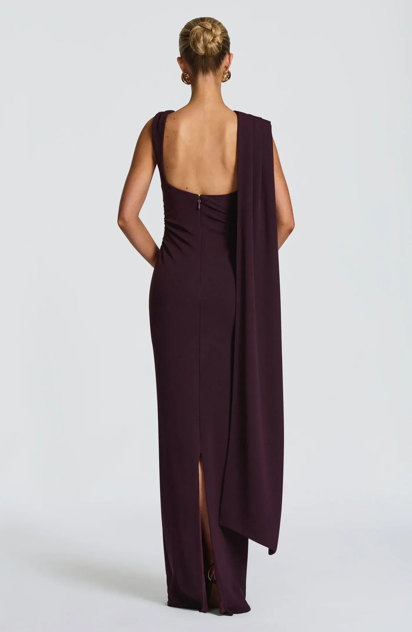 Off Shoulder Asymmetrical Sash Train Waist Ruched Dark Purple Crepe Mermaid Maxi Wedding Guest Dresses