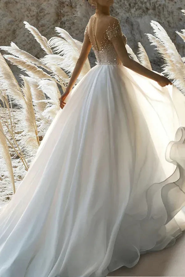 Off‑Shoulder Beaded‑Illusion Short‑Sleeve Chiffon A‑Line Wedding Dress