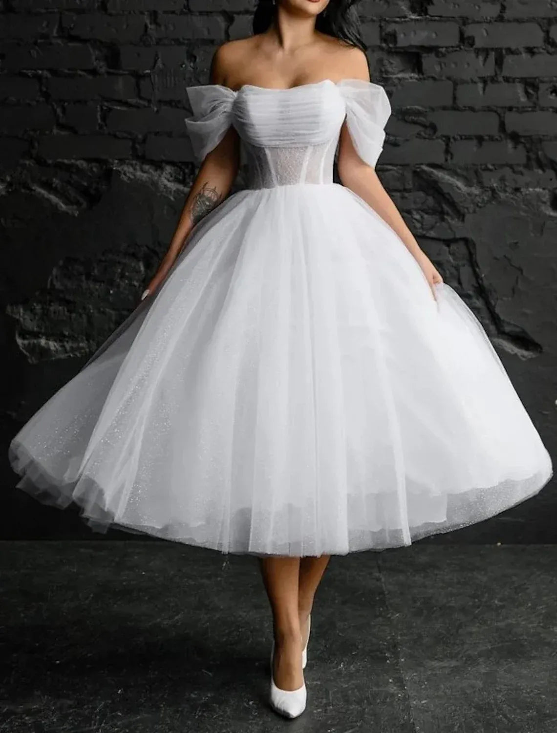 Off Shoulder Bow Tulle Corset Midi Wedding Dress Lace Up Back Glitter Tea Length Skirt