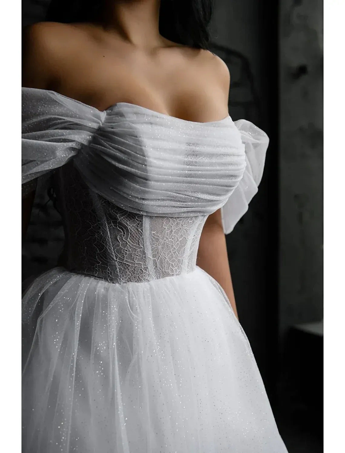 Off Shoulder Bow Tulle Corset Midi Wedding Dress Lace Up Back Glitter Tea Length Skirt