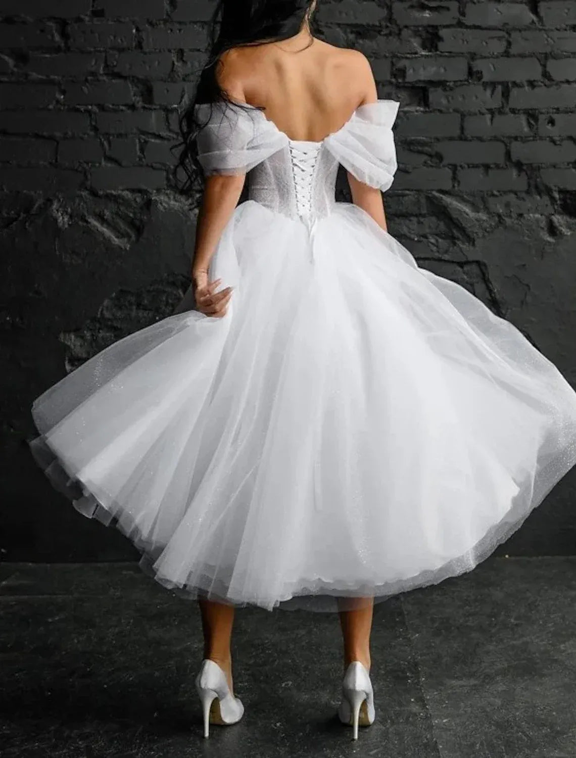 Off Shoulder Bow Tulle Corset Midi Wedding Dress Lace Up Back Glitter Tea Length Skirt
