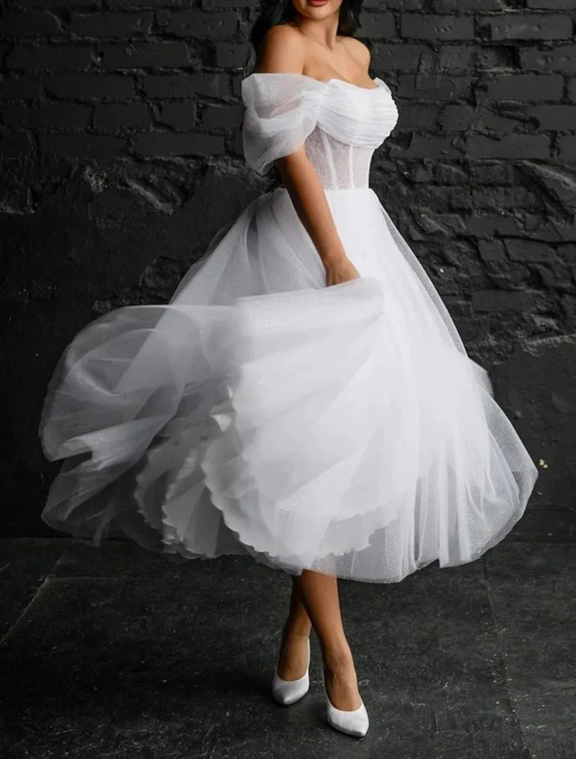 Off Shoulder Bow Tulle Corset Midi Wedding Dress Lace Up Back Glitter Tea Length Skirt