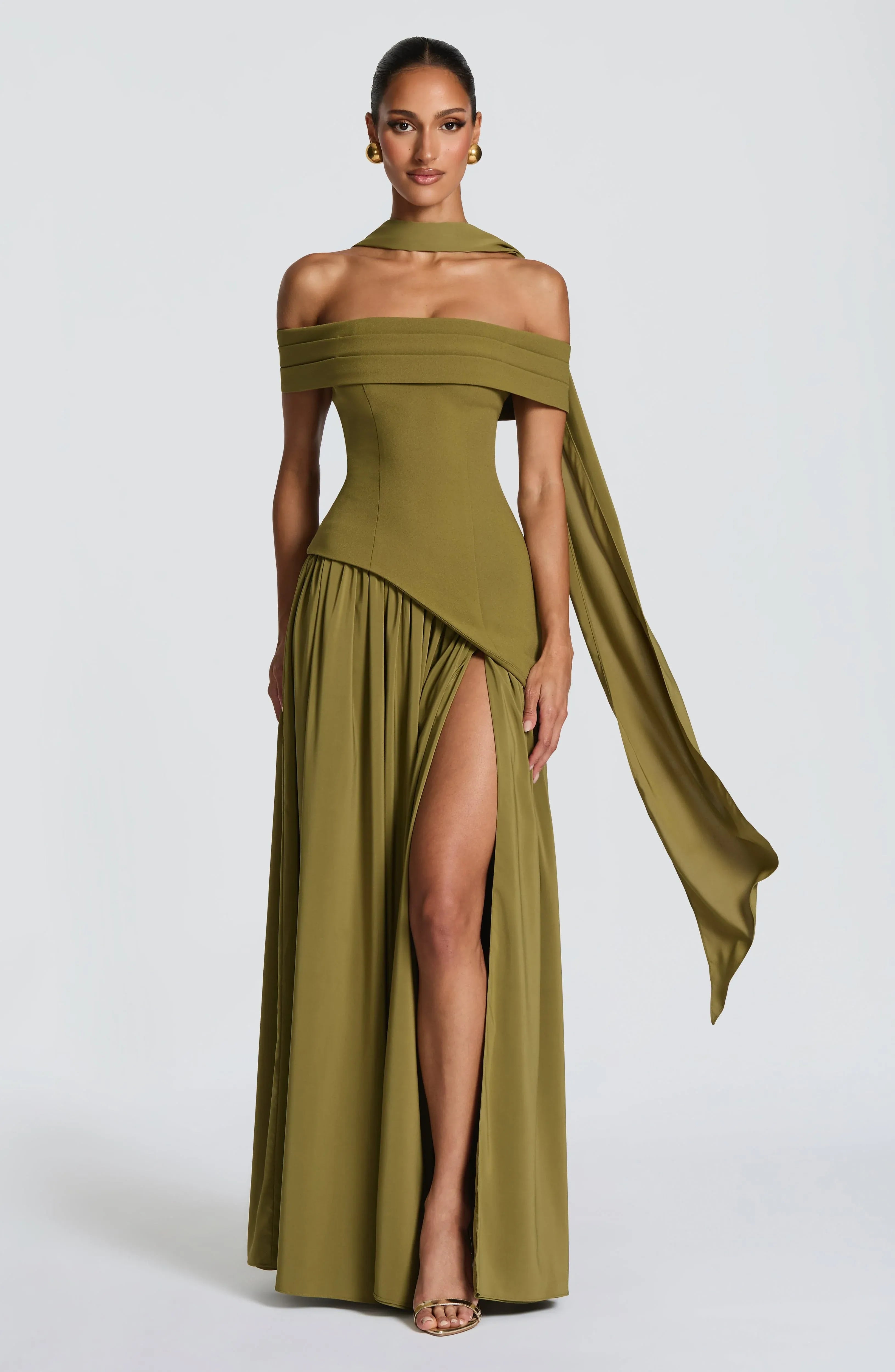 Off Shoulder Choker Neck Asymmetric Overlay High Slit Olive Two Tier Maxi Wedding Guest Dresses