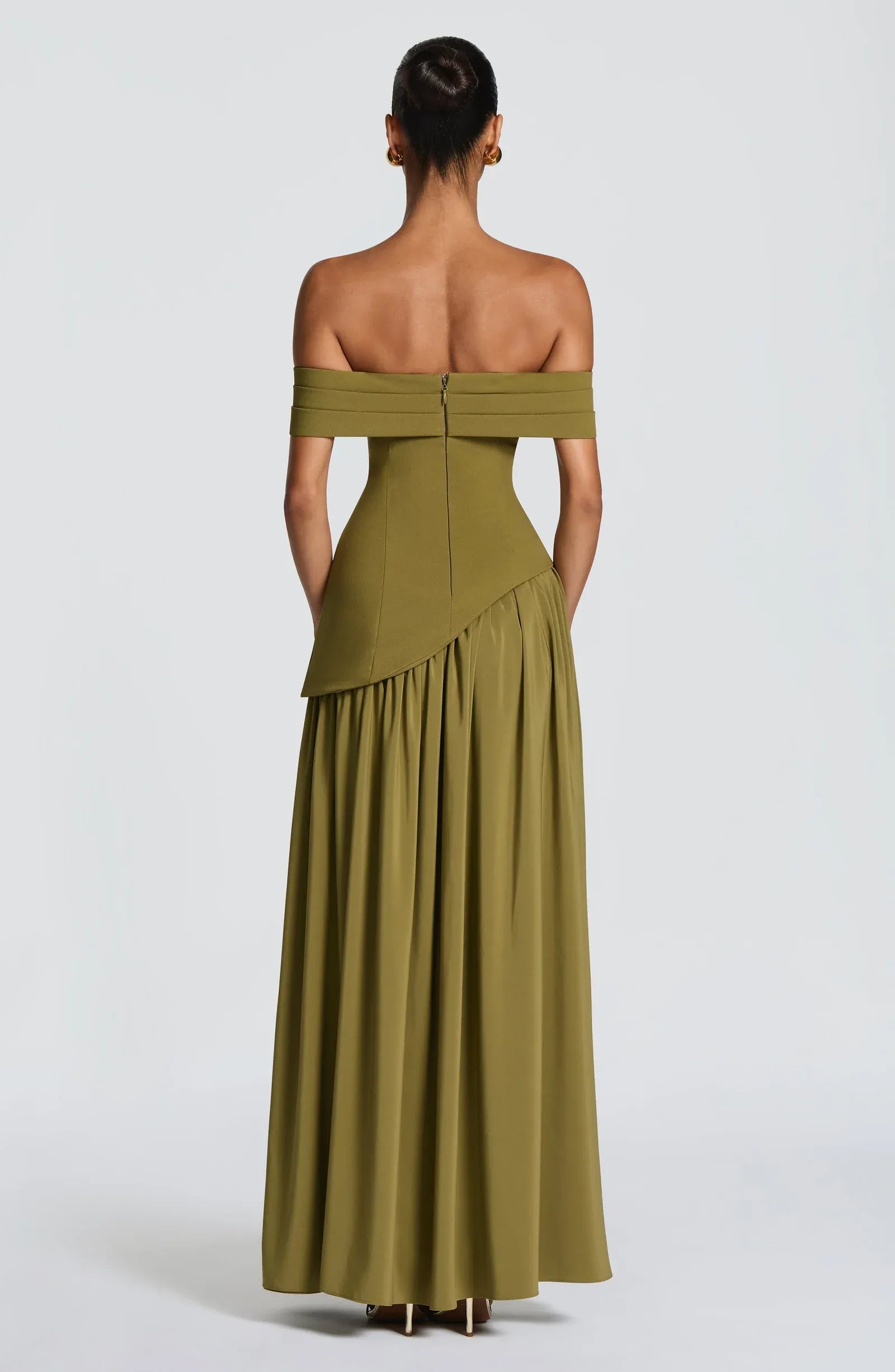 Off Shoulder Choker Neck Asymmetric Overlay High Slit Olive Two Tier Maxi Wedding Guest Dresses