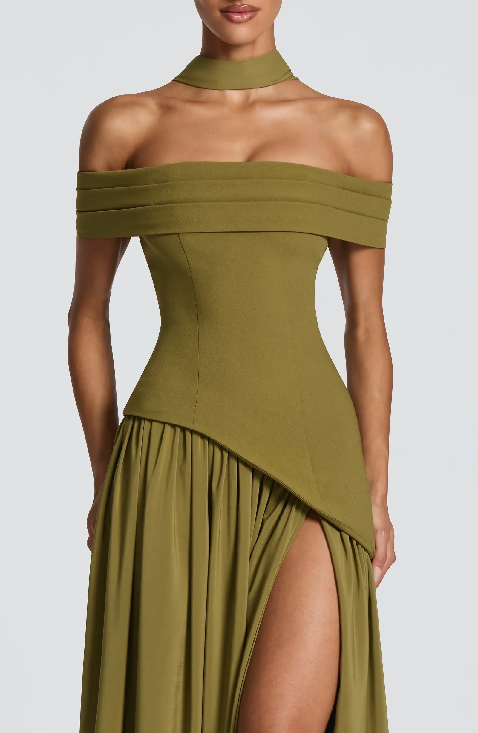 Off Shoulder Choker Neck Asymmetric Overlay High Slit Olive Two Tier Maxi Wedding Guest Dresses