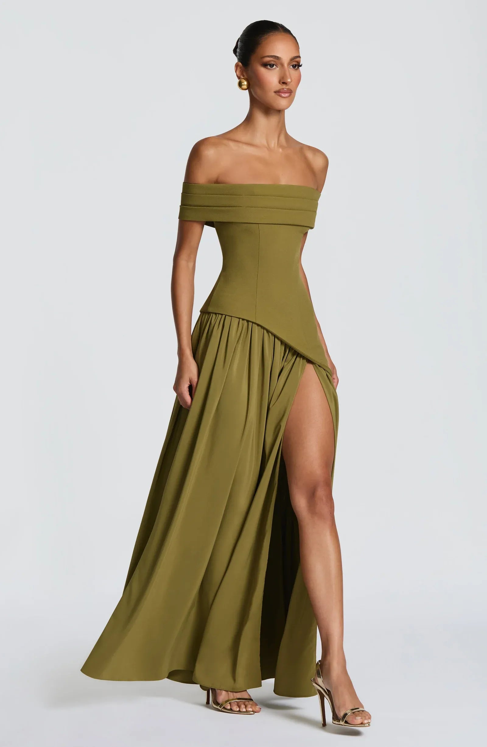 Off Shoulder Choker Neck Asymmetric Overlay High Slit Olive Two Tier Maxi Wedding Guest Dresses