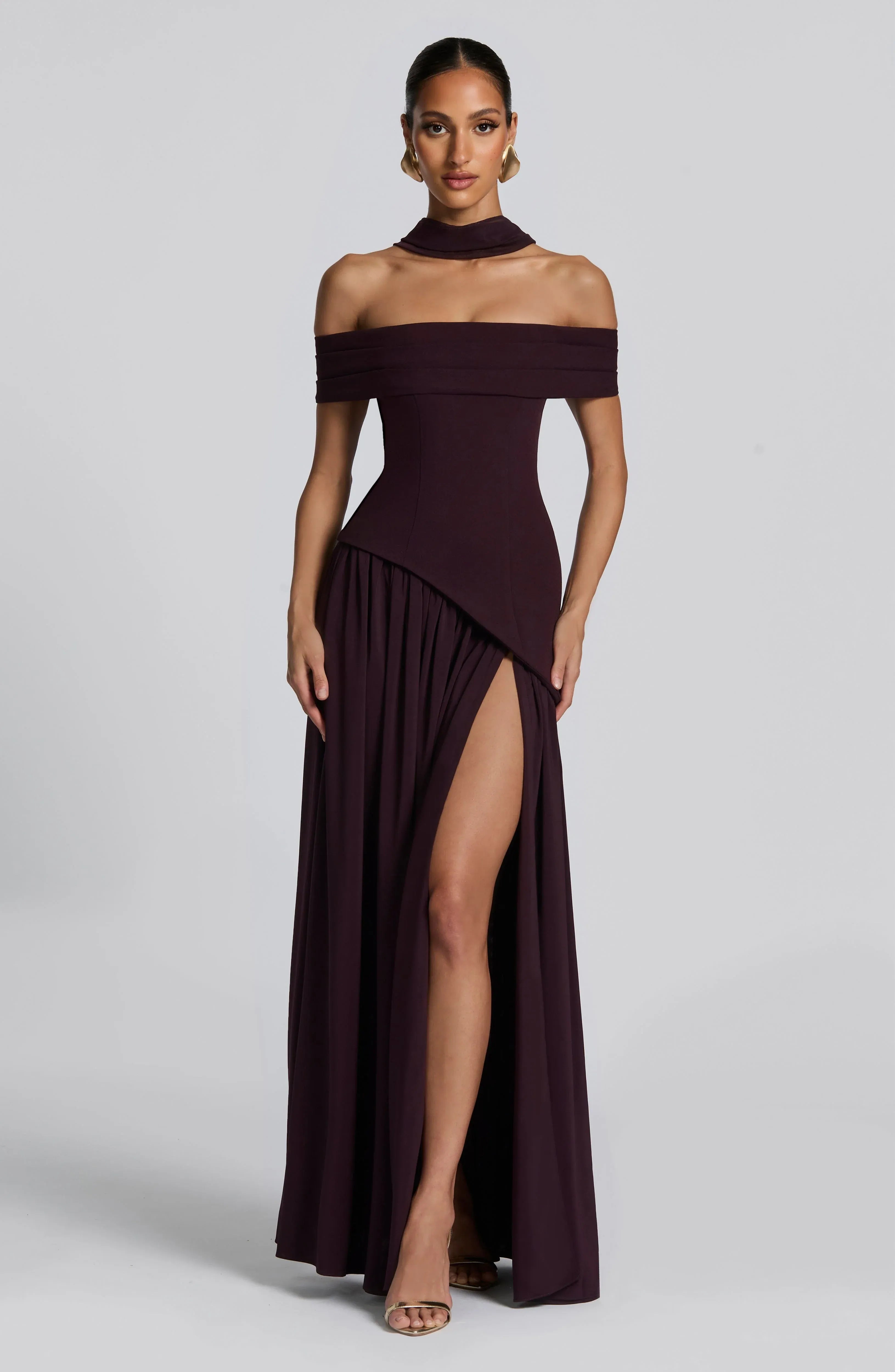 Off Shoulder Choker Neck Asymmetric Overlay High Slit Plum Crepe Two Tier Maxi Wedding Guest Dresses