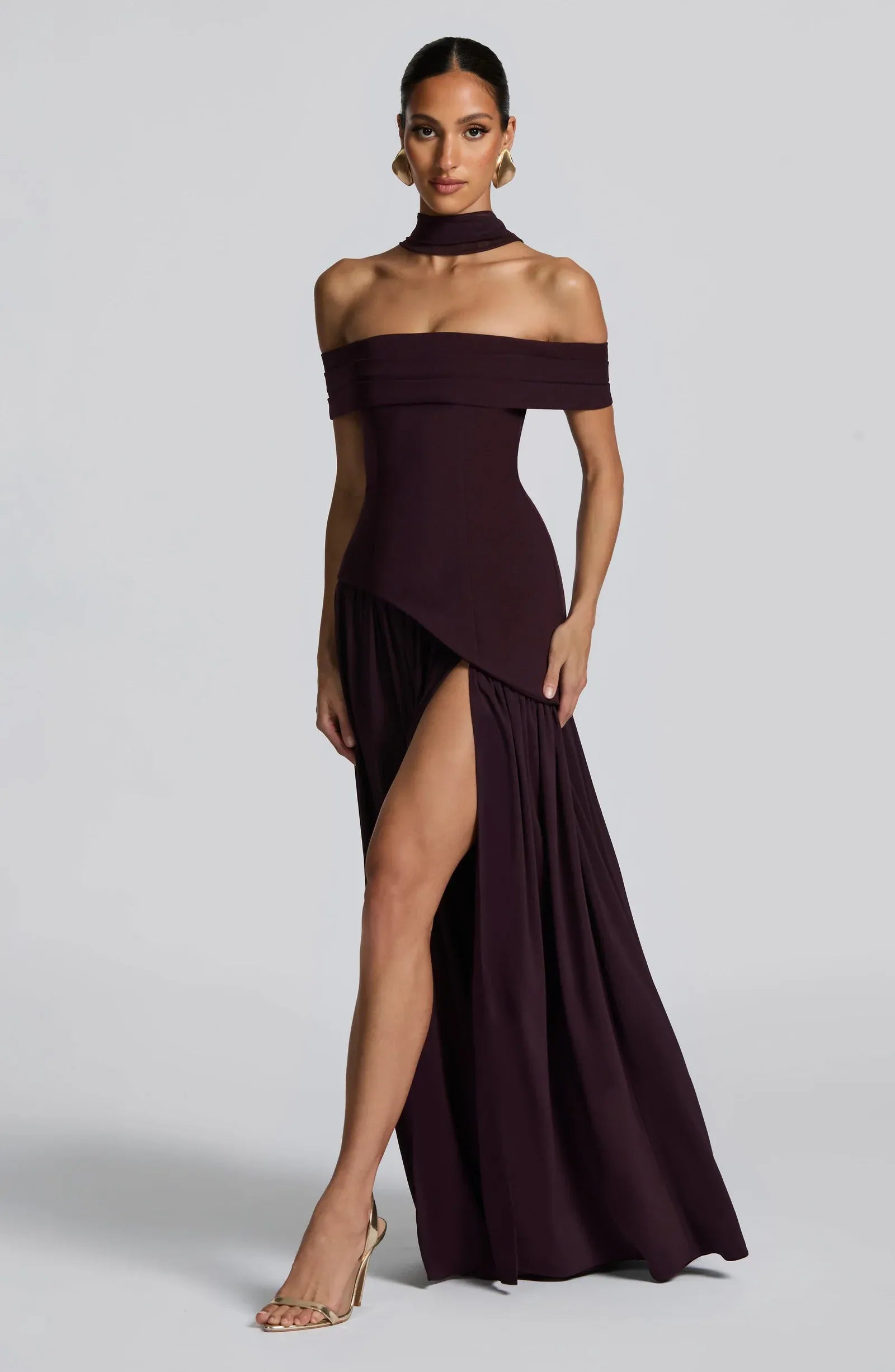 Off Shoulder Choker Neck Asymmetric Overlay High Slit Plum Crepe Two Tier Maxi Wedding Guest Dresses
