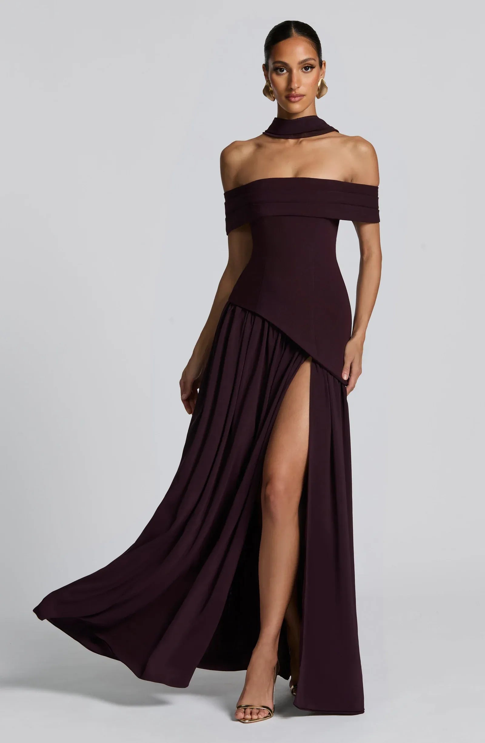 Off Shoulder Choker Neck Asymmetric Overlay High Slit Plum Crepe Two Tier Maxi Wedding Guest Dresses